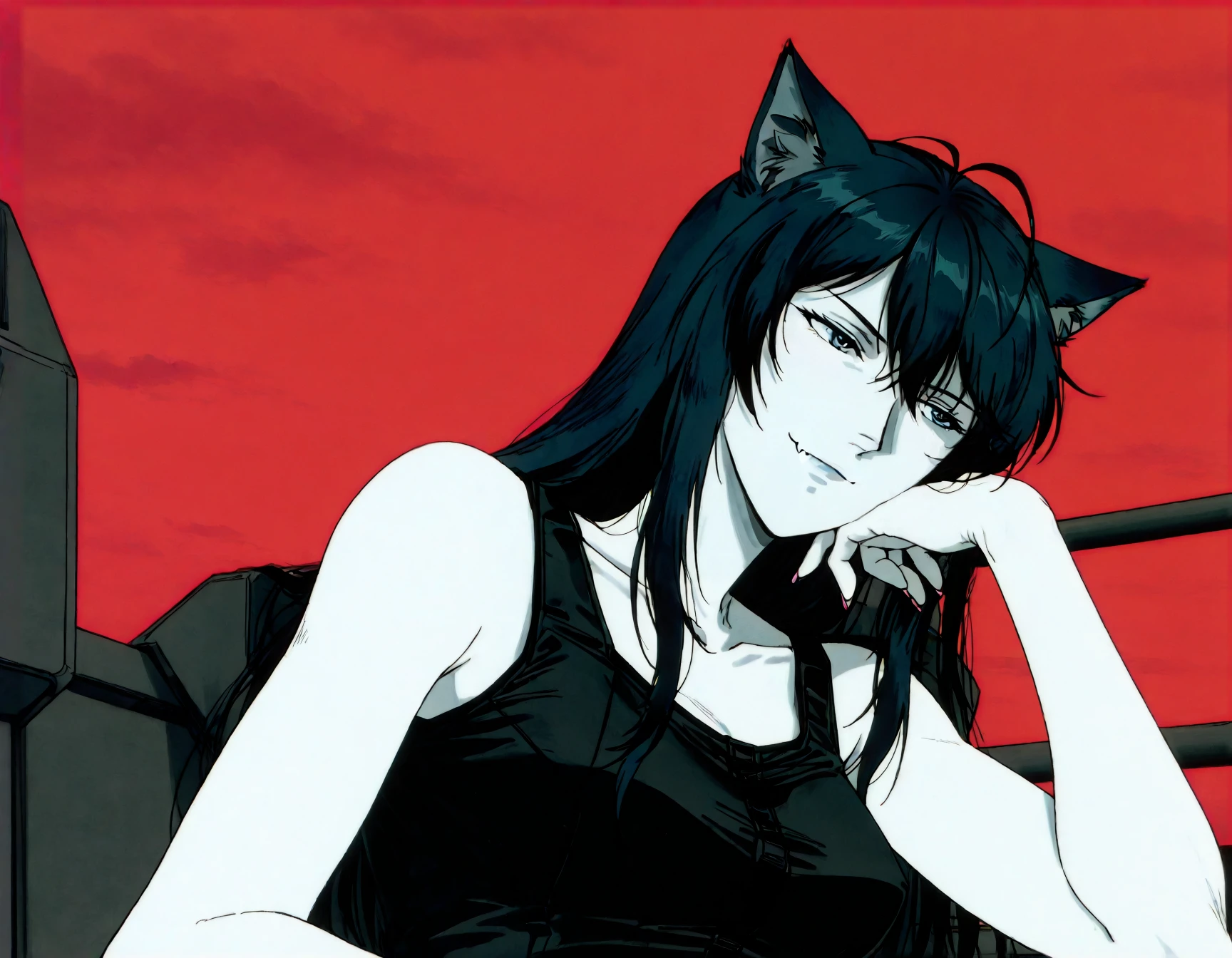 closeup, headshot, upper_body, covered_nipples, simple_background, white_background, , 1girl,
flat colors, amazing quality, solo, cat girl, blonde, blue eyes, heart ahoge, cat ears, upper body, long hair, looking afar, head rest, small breasts animal ears, tank top, balcony, red sky, outdoors, animal ears, black tank top, fang out, white cat, sleeveless shirt, twilight, railing, sky, fingernails, closed mouth, multicolored hair, skin fang, :3, heart, breasts, hand up, cloud, bare shoulders, sidelocks, smile, elbow rest, sleeveless, animal ear fluff, ahoge wag, pink nails, shirt, blush, ahoge, cloudy sky, streaked hair, pink hair, fang, blue hair, hair between eye, arm rest, virtual youtuber, flat color, wide angle, wide shot, full body, cupping hands, serious, Ground level view Close shot, (focus on knees:1.1), bend down, and retailed.,
stoic, , arms behind head, Low angle (from the side:1.1) view Distance shot, from afar, full body. Her fingernails are painted pink and she has a small heart-shaped ahoge on her head. The girl's face is turned to the side, looking away with a serious expression and her mouth closed. The sky in the background is dark red with clouds., retro_artstyle, 1990s_\(style\), android, grey lips, foreshortening, r3d, 1girl, solo, red theme, retroanimu, military uniform, pilot suit, cockpit, embedding:IllusP0s, masterpiece, best quality, amazing quality, very aesthetic, absurdres, newest, <lora:LECO-mature_female_XL(ill)v11:-10.0> <lora:retroanimu-000005:1.5>