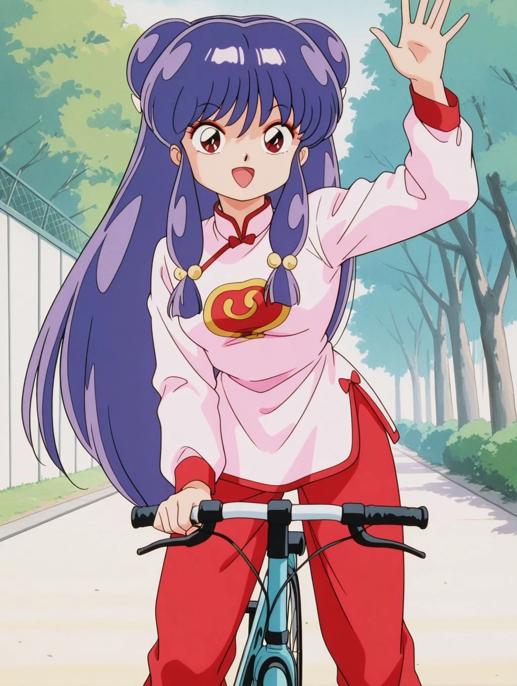 masterpiece, best quality, newest, absurdres, highres, detailed eyes, beautiful, detailed background, perfect eyes, anime coloring, anime screencap, retro artstyle, 1990s \(style\), 1girl, solo, shampoo \(ranma 1/2\), purple hair, long hair, sidelocks, hair bobbles, double bun, hair ribbon, red eyes, medium breasts, chinese clothes, red print shirt, long sleeves, red pants, riding bicycle, waving, looking at viewer, smile, open mouth, (outdoors), <lora:sh4mp00_rnm-08:0.8>