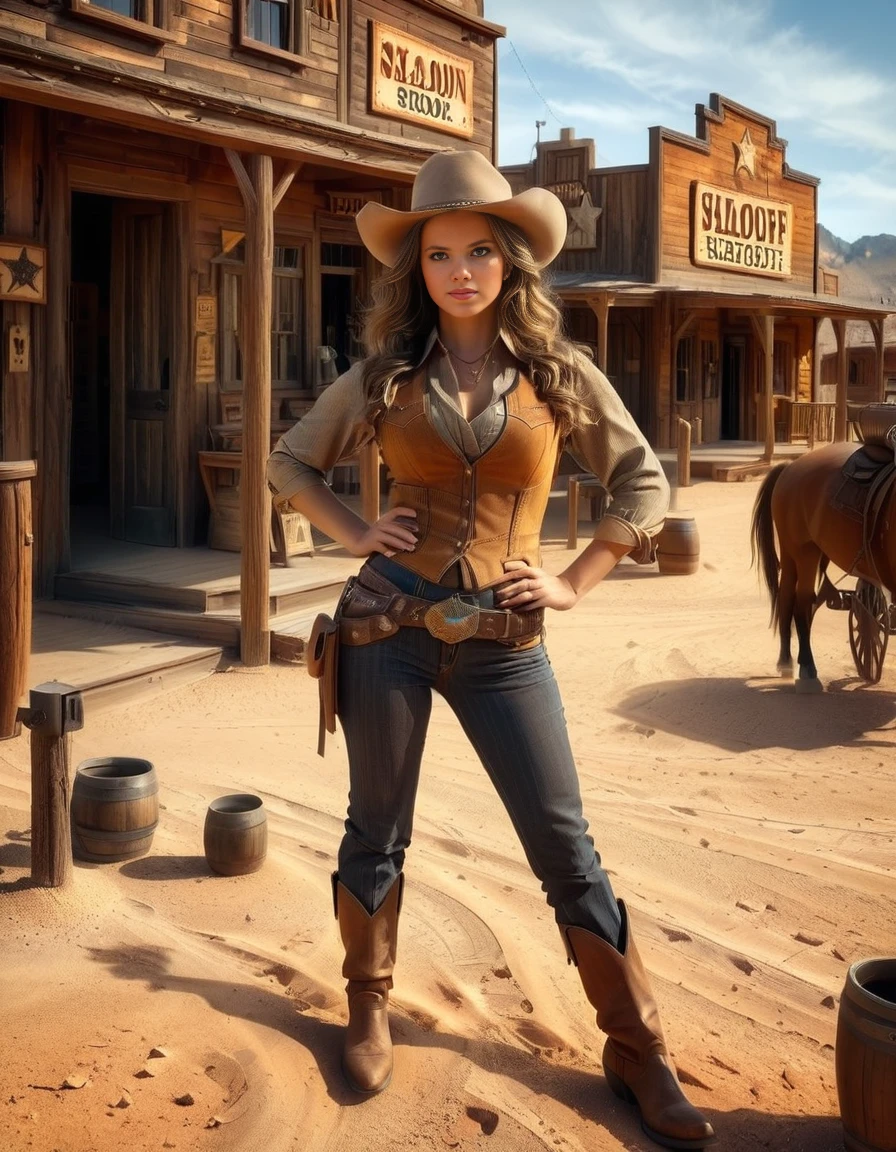 A strong and confident woman dressed in classic Wild West attire stands in the foreground of a dusty Western town. She wears a wide-brimmed leather cowboy hat, a fitted suede vest over a long-sleeved button-up shirt, and rugged brown chaps over denim jeans. A gun belt with a holster rests on her hips, and her boots are worn from travel. Her long, wavy hair flows in the desert breeze, and she has a determined yet mysterious expression, with piercing eyes and a slight smirk. Behind her, the old Western town features a wooden saloon with swinging doors, a sheriffâs office, and a general store with a weathered sign. Horses are tied to wooden posts, and a few cowboys are seen walking in the distance. The sky is a warm blend of orange and gold, hinting at sunset, casting long dramatic shadows across the dusty street. The image captures the essence of the Wild West with a cinematic, photorealistic style, full of rich textures and atmospheric lighting.
<lora:SDXLFaeTastic2400:0.4> <lora:extremely_detailed:0.4> extremely detailed, <lora:Western_v1ll4g3:1>,Western v1ll4g3, Masterpiece,best quality,hi res,8k,hi res,8k,award winning,(sharp focus, intricate, highly detailed),
