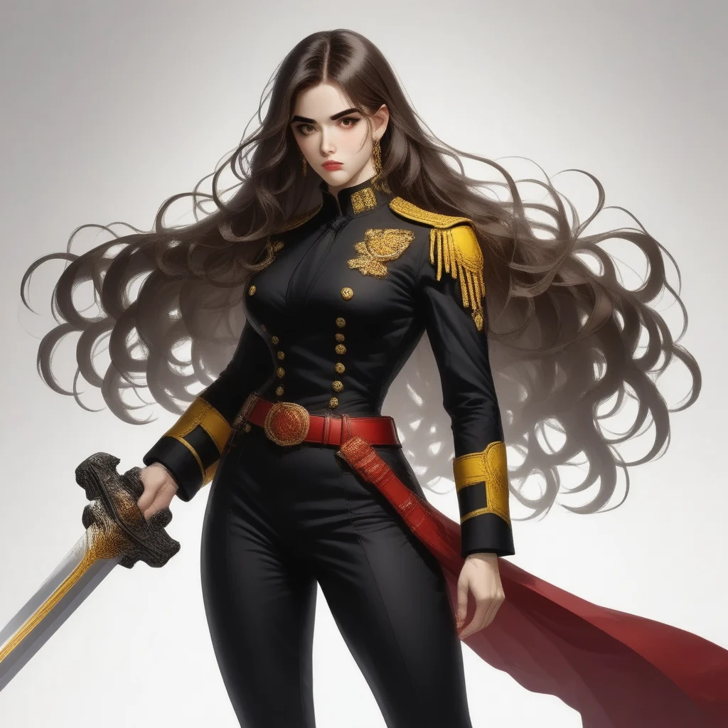 A highly detailed 2D anime character of a female warrior with long brown hair, styled in a sleek yet flowing manner, in formal yet combat-ready attire. She is wearing a sleek black military-inspired outfit with yellow trims and intricate embroidery on the shoulders, exuding authority and elegance. She holds a massive, fantastic anime sword with a gun-handle shape, its polished blade gleaming under ambient lighting. Her brown, slightly messy long hair frames a determined and focused expression, conveying a sense of confidence and strength. The outfit includes tailored pants tucked into sturdy black boots, a red silver belt with subtle futuristic elements, and red cuffs adding a regal touch. The background is white, with dramatic lighting highlighting the character's heroic stance and the fine details of her outfit.