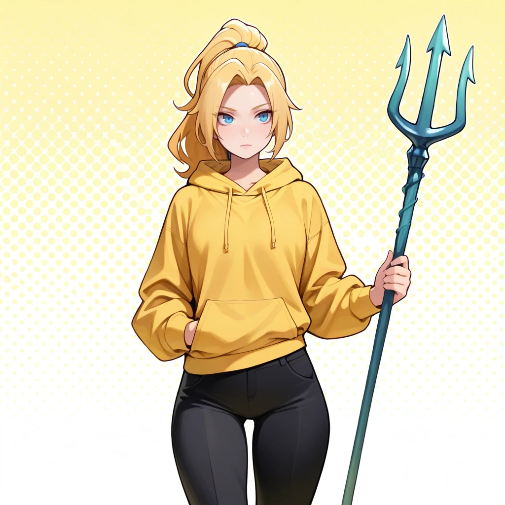 masterpiece, best quality, HoldingTrident, holding trident, 1girl, solo, blonde hair, high ponytail, blue eyes, yellow hoodie, black pants, cowboy shot, <lora:HoldingTrident_illustrious_Leaf1:1>, polka dot background,
