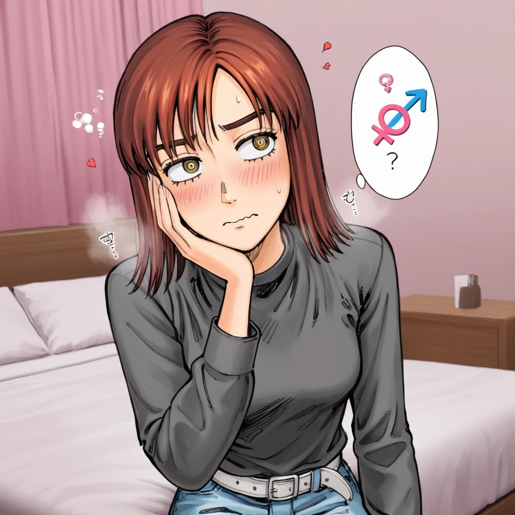 masterpiece, best quality,   <lora:IwaseKyoukoVer3:1>   iwase kyouko,black shirt, long sleeves, thick eyebrows, medium breasts, denim skirt, white belt,   upper body, embarrassed, 1girl, blush, wavy mouth, steaming body, hearts, hand on own face, looking up, @_@, thought bubble, mars symbol, venus symbol,  bedroom, sitting on bed,