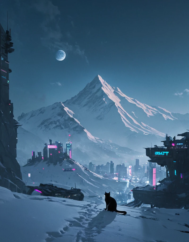 <lora:Space_Worlds_01__Poetic_xl:0.7> sw01p_xl, cat on cyberpunk snow mountain,