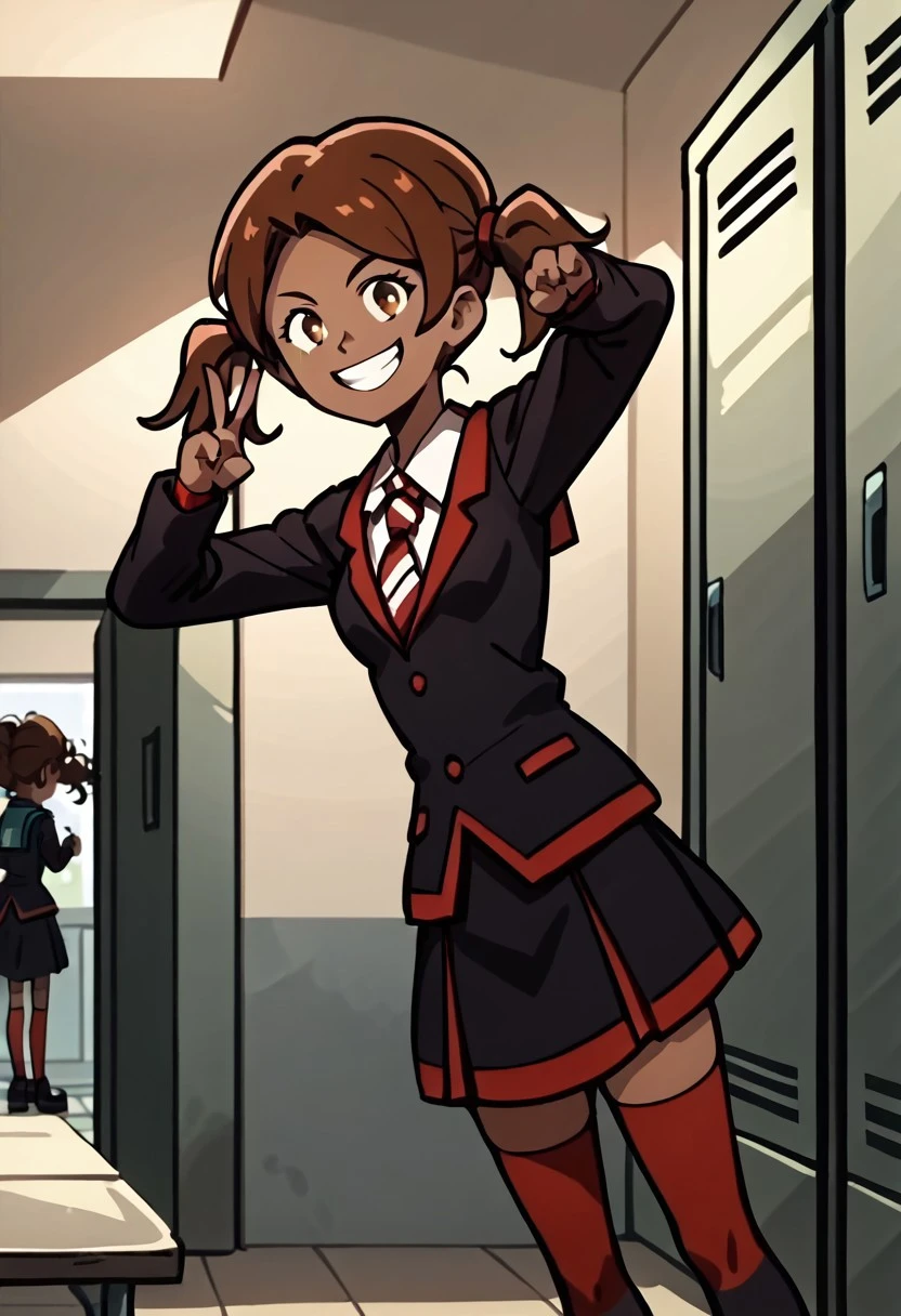 source_anime, anime_screencap, anime_coloring, score_9, score_9_up, score_8, score_8_up, score_7, score_7_up, score_6, score_6_up, highres, Rating_Safe,
G3, 1girl, dark-skinned female, pigtails, brown hair, dot eyes,
school uniform, jacket, necktie, skirt, socks, thighhighs, black shoes
smiling, grin, teeth, v, victory pose, locker room, indoors, grey walls, crowds, cowboy shot, dutch angle, solo
