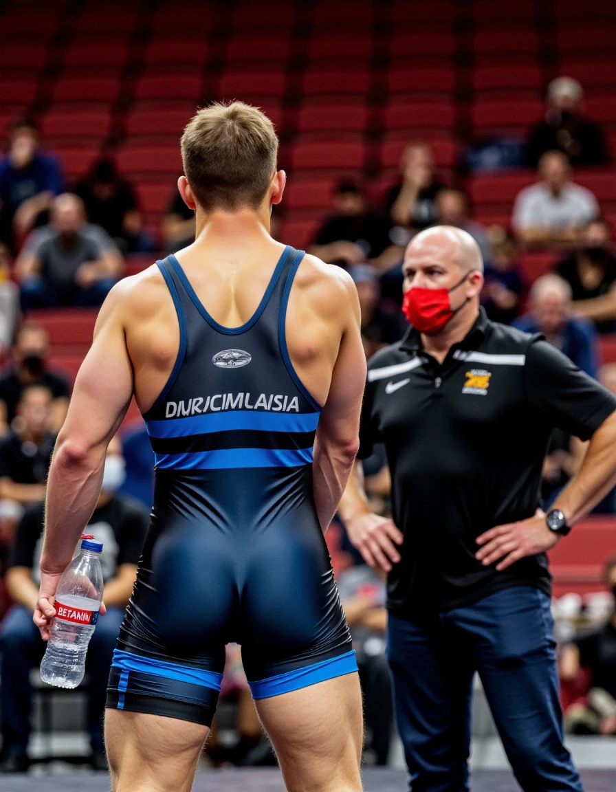 Singlet . This photograph captures a moment in a wrestling match at an indoor venue. The central figure is a male wrestler, wearing a sleeveless singlet with the name "DIAKOMILAS USA" in white text on the back. The singlet is predominantly dark blue with blue and black horizontal stripes across the chest area. The wrestler has a muscular build, with a strong, athletic physique. His shorts are blue, attached to the singlet, and there's a small logo on the front of his singlet. He holds a clear plastic water bottle in his right hand, labeled "BETAMIN" in white text, and has a red face mask covering his mouth and nose, indicating health and safety measures.
Behind him, a man in a black jacket and dark pants, possibly a coach, is leaning in, engaged in conversation, also wearing a red face mask. The coach’s attire suggests he's an official or support staff. The background shows rows of red seats filled with spectators, some wearing masks and casual clothing, creating a typical indoor sports event atmosphere. The lighting is bright, typical of indoor sports venues, with the focus on the main subjects. The overall mood is focused, professional, and energetic.