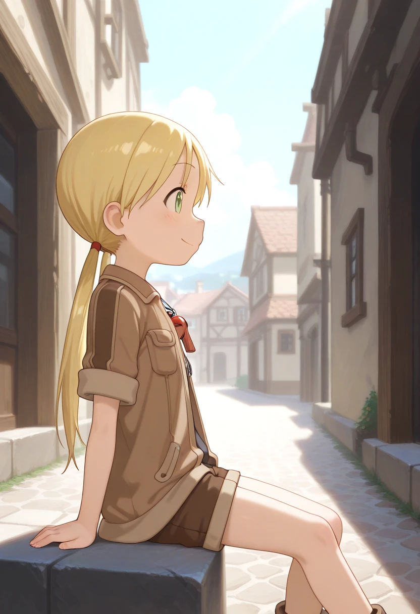 <lora:made-in-abyss-riko-IL-xl-v10:1>
1 girl, riko, twintails, green eyes, red whistle pendant, brown jacket, town, mossy stones, blush, happy face expression, relaxed pose, from side, sitting, shorts