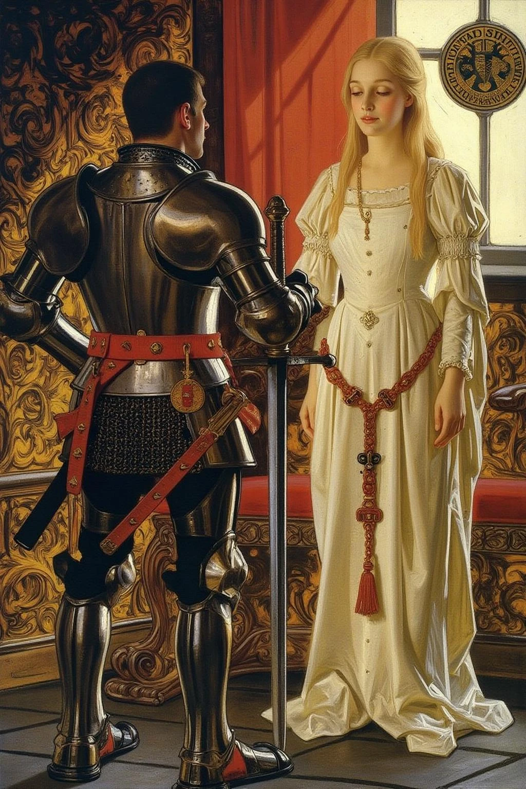 jcleyen1 painting.
The scene depicts a medieval setting with rich, warm colors and intricate details. A knight, clad in full plate armor, stands in the foreground, his back to the viewer. He is holding a long sword. A lady is standing before him, looking at the knight serenely. <lora:jcleyen1_cap_d6a3e11:1.0><lora:824042879644159432:0>