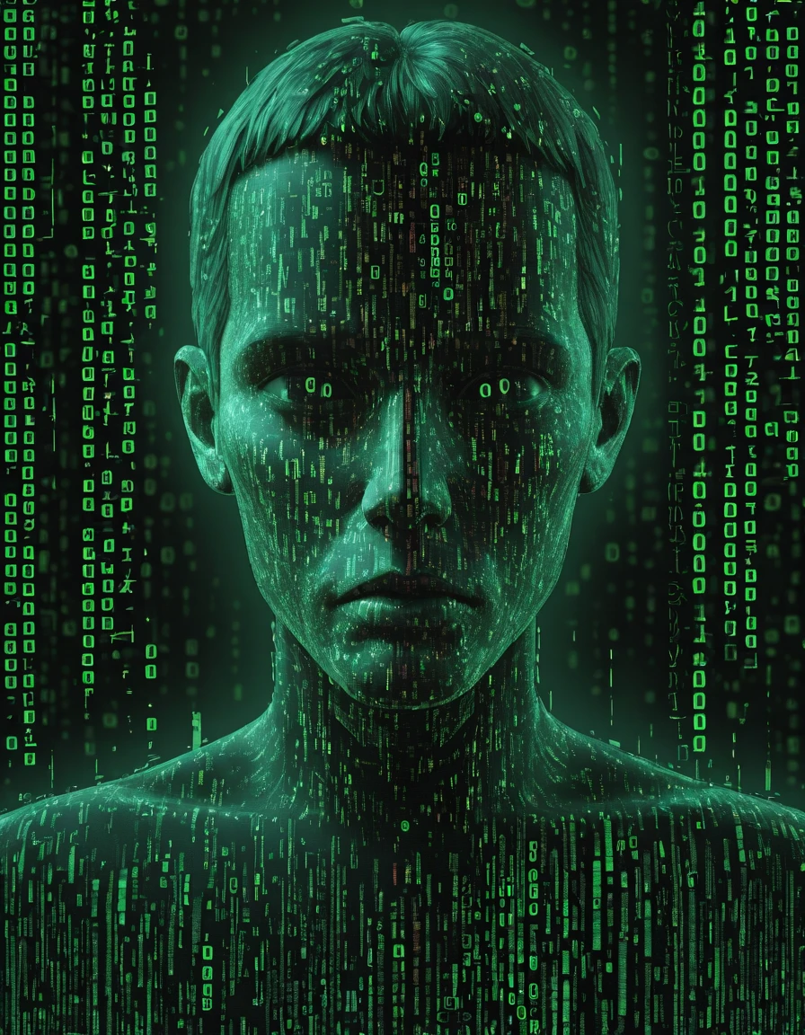 detailed, mmatrix-style, silhouette, code, text focus, glitch, digital dissolve, 1boy