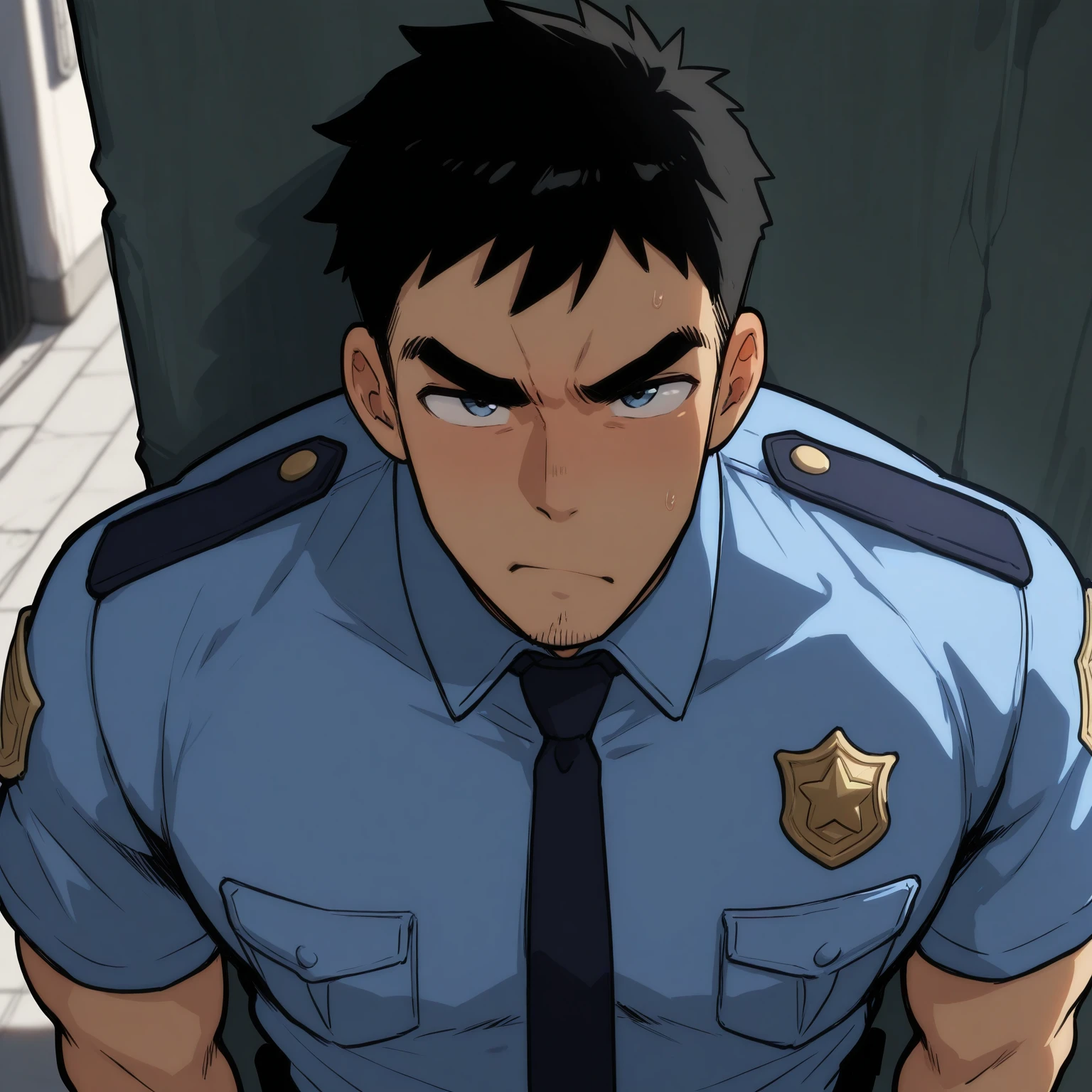 masterpiece, best quality, amazing quality, very aesthetic, absurdres, newest, (male:1.4), bara, police officer, close up, looking at viewer, annoyed, upper body, solo, alley