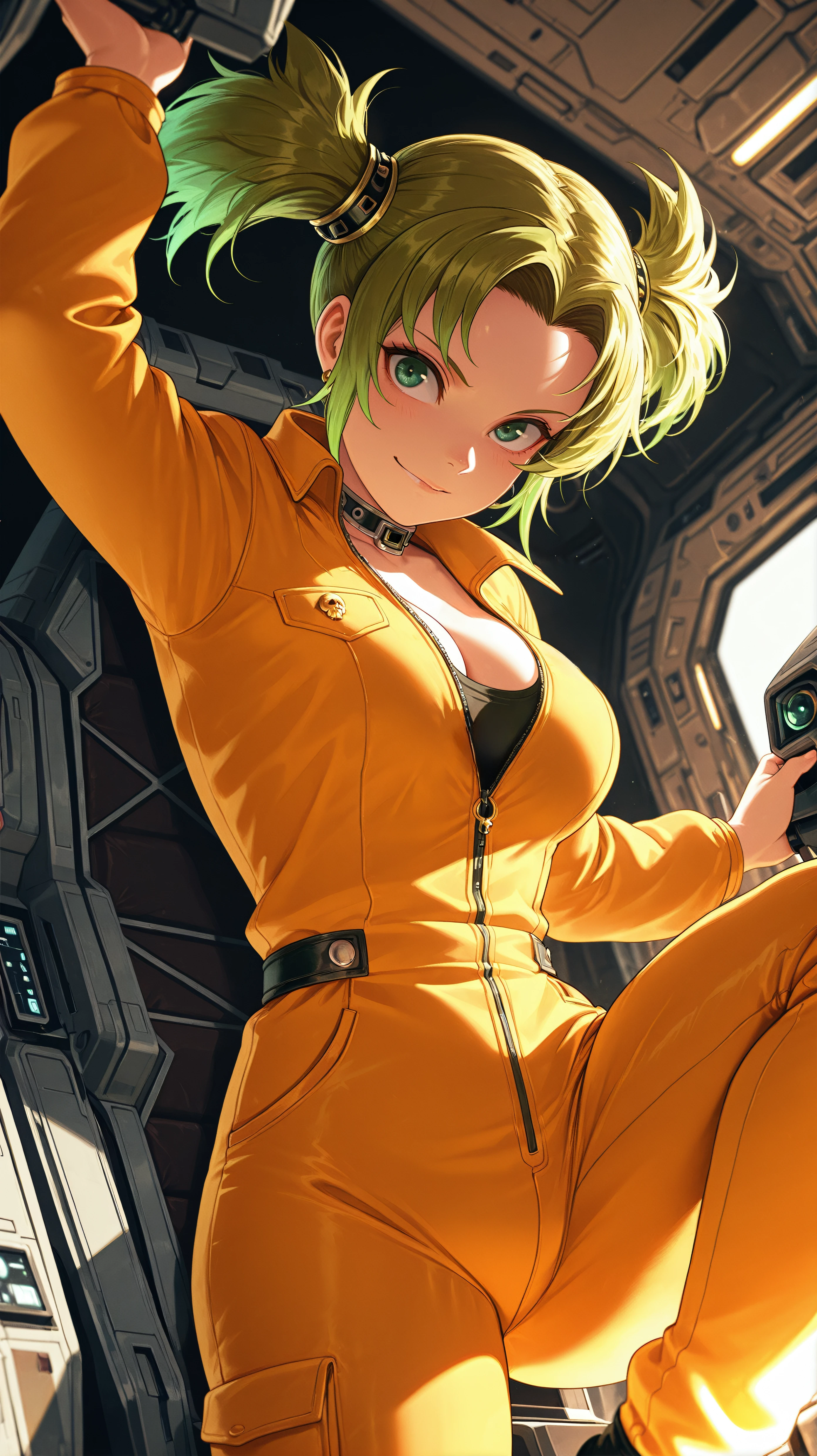 masterpiece, best quality, amazing quality, girl, dynamic pose, standing on one leg, <lora:Droite - Illu:1>, vibrant green hair, twintails, parted hair, green eyes, choker, collar, hair rings, earrings, skull brooch, jumpsuit (unzipped), from below, dynamic light, warm light, vibrant colors, soft focus, high contrast, textured surfaces, depth of field, golden hour lighting, dramatic shadows, rich details, cockpit, spacecraft,