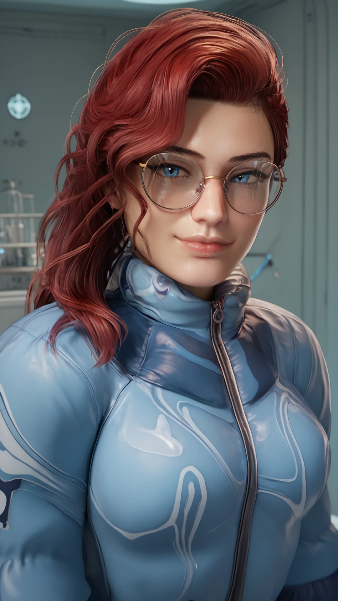 lips, realistic, score_9, score_8_up,score_7_up, 3d
beautiful face, gorgeous face, perfect lips, perfect eyes, masterpiece, high detail, detailed eyes
, sexy, cute girl, round face, seductive face ,soft round breasts, uncensored, oiled up
, laboratory, laboratory background,
smirk, confident, parted lips, mouth closed
eyes at viewer,
front view, portrait
1girl,
red hair, long hair, blue eyes, round eyewear,lips,,
sexy woman,blue military print jacket, blue jacket with zipper,
looking at viewer,  <lora:nastya:1>