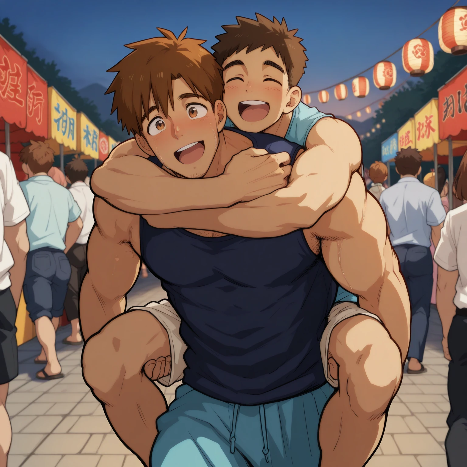 masterpiece, best quality, amazing quality, very aesthetic, absurdres, newest, (male:1.4), bara, piggyback, festival, solo, solo focus, 2boys, singlet, excited, outdoors, safe, happy, confident, brown hair, arms around neck