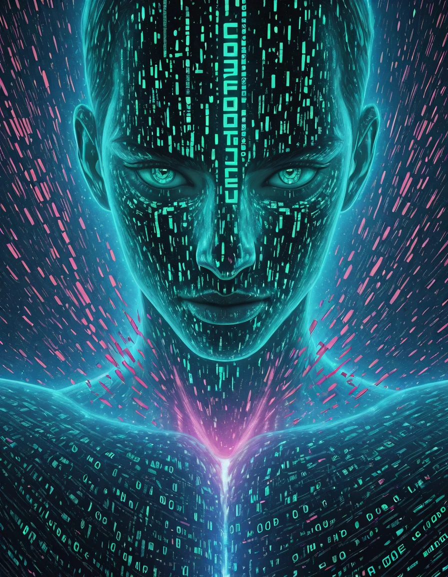 Glitchcore Art Style, detailed, mmatrix-style, silhouette, code, text focus, glitch, digital dissolve, 1boy, dynamic, dramatic, distorted, vibrant colors, glitchcore art style