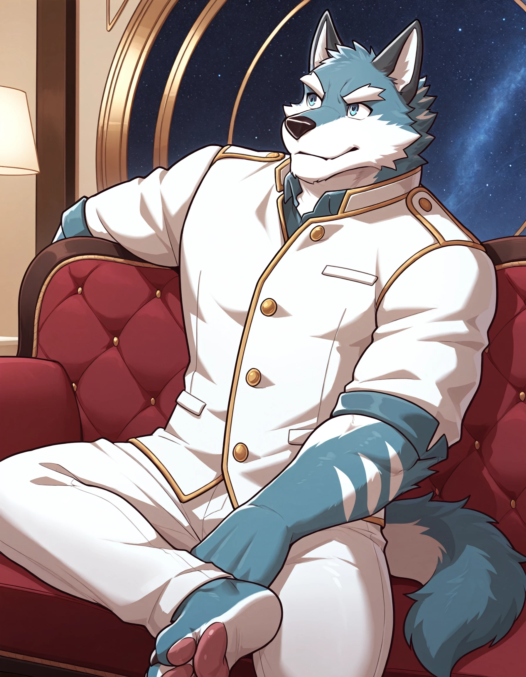 1boy. A drawing of an anthro wolf wearing a white jacket with gold trims and white pants sitting on a red velvet couch inside a white-walled room with expensive looking paintings on the walls. solo, ArgoIL, male, bara, muscular, anthro, wolf, two-tone body, blue fur, white fur, blue eyes, claws, paws, white jacket, white pants, detailed background, indoors, (side view:0.7). BREAK good lighting. <lora:ArgoIL.safetensors:1.0>,