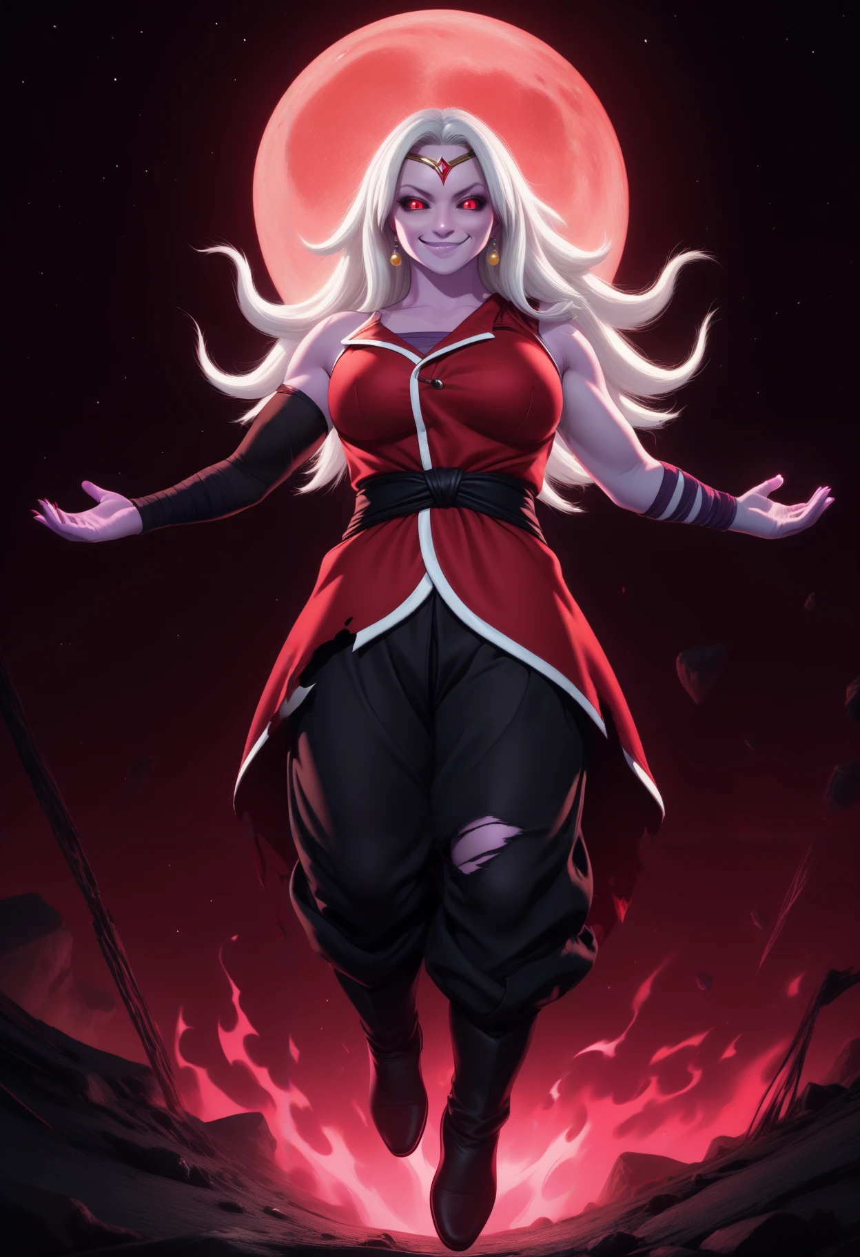 masterpiece, best quality, newest, hdr, 1girl, solo, night, dark, star \(sky\), starry sky, red moon, full moon, moonlight, backlighting,
<lora:Chronoa_time_power_unleashed:0.6> chtropnuoaevil, colored skin, pink skin, long hair, white hair, circlet, red circlet, black sclera, colored sclera, red eyes, yellow earrings, potara earrings, tunic, single sleeve, black sleeve, red tunic, bare shoulders, white trim, white button, black sash, pants, loose pants, black pants, bandages, purple bandages,
outstretched arms, floating, from below, full body, evil smile, closed mouth, aura, energy, glowing, floating hair, electricity, torn clothes, torn pants, torn shirt