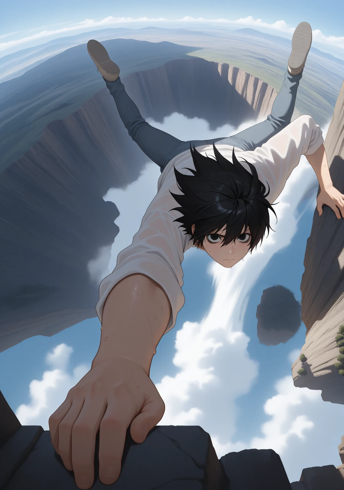 masterpiece,best quality,amazing quality,1girl,
<lora:SOS_Climbing:0.7>,SOSCLB,climbing,from above,floating hair,scenery,sweat,l \(death note\),black hair,