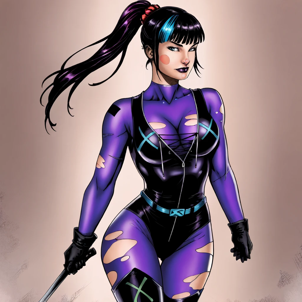 <lora:DanieleTorres_pony_v1:1> score_9, danieletorres_style, danieletorres, source_artwork   <lora:punchline_pony_v1:.8> Punchline, 1girl, black hair, medium breasts, ponytail, purple bodysuit, black gloves, long hair, thighhighs, bangs, torn bodysuit, multicolored hair, cleavage, cowboy shot