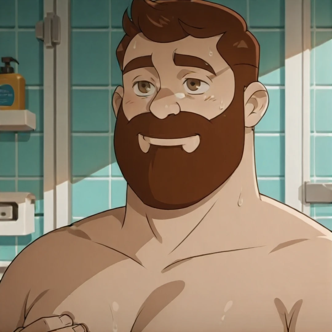 old man, muscle male, on a beach, sunny day, lens flare, big waves behind him, naked, lying on belly, ass up, dreamy smile big bulging crotch, graying hair, smiling, mustache,