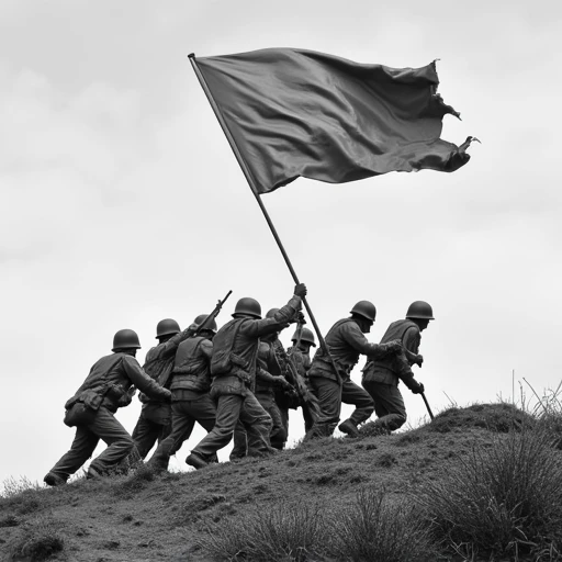 "Por favor, crie uma imagem a cores, which represents the historic moment of the raising of the American flag on Iwo Jima, em 1945. A cena deve incluir os Marines dos Estados Unidos no topo do Monte Suribachi, erguendo a bandeira americana, com destaque para a bandeira e o ambiente circundante. The image should be detailed and evoke emotion and patriotism, imagem colorida