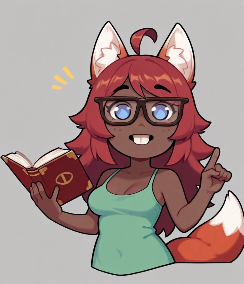 masterpiece, best quality upper body, chibi, <lora:Zoologist-IL_V1:1> zool0gist, dark skin, fox ears, red hair, long hair, ahoge, blue eyes, fox tail, breasts, navel, green shirt, bare shoulders,
<lora:nerd:1> mikus-nerd, nerd, thick-framed glasses, large front teeth, raised eyebrows, index finger points up, smile, holding book, masterpiece, best quality, solo, 1girl, 2d