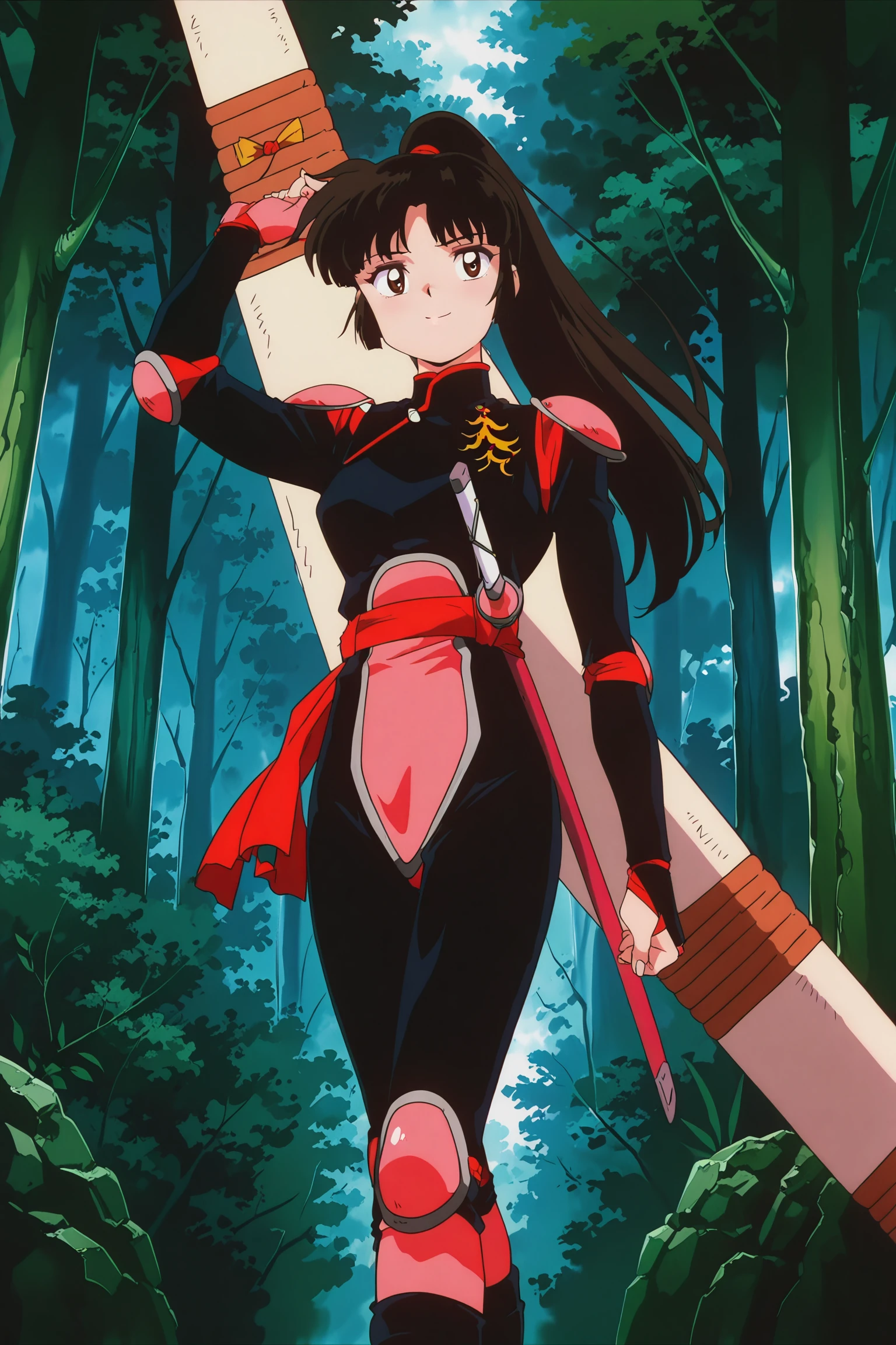 anime coloring, anime screencap, masterpiece, best quality, amazing quality, detailed face,
<lora:Sango_Inuyasha_2000s_art_style_-_Illustrious:.9>
outside, forest,
1girl, weapon, solo, sword, ponytail, shoulder pads, bodysuit, armor, black hair, full body, long hair, retro artstyle, knee pads, brown eyes, boots, Sango's demon slayer outfit, cowboy shot, smile