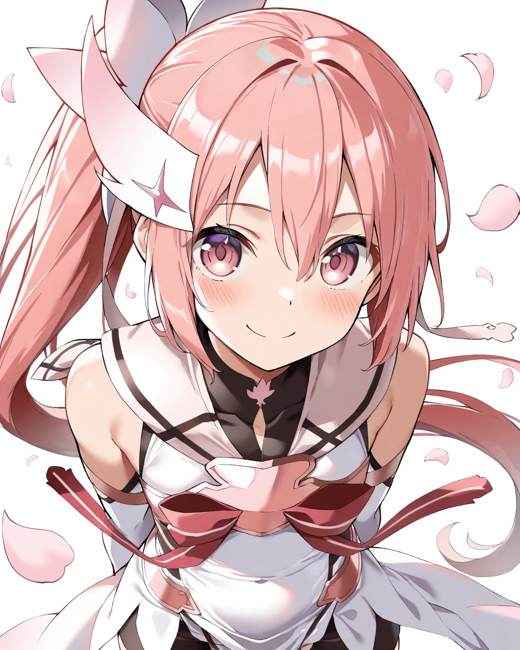 (masterpiece, best quality:2),Closed mouth, smile,Upper body, Front view,
<lora:Yuuki Yuna_Illustrious:0.8>,Yuuki hero form,1girl, solo, blush, hair ornament , ribbon, hair between eyes,very long hair, ponytail, pink hair,pink eyes,side ponytail,magical girl,bike shorts,white dress,boots,