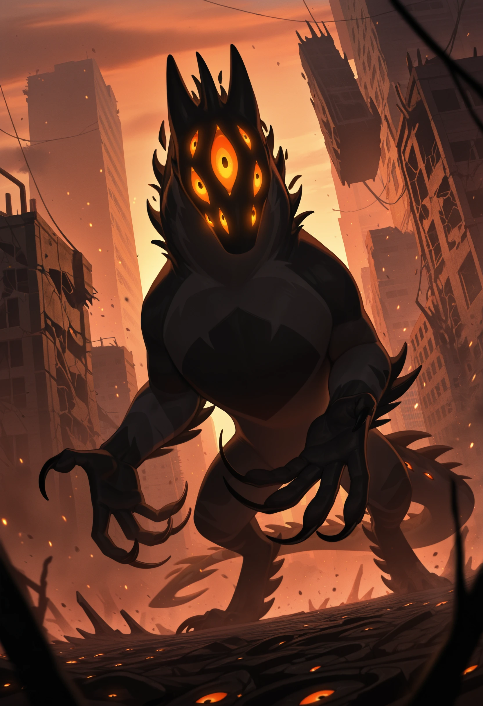 photorealism, photorealistic, chromatic aberration, depth of field, detailed background, eye reflections, reflections, detailed body, dutch angle, male, solo, 1boy, adult, male focus, tail, male focus, looking at viewer, j3rry_cos, extra eyes, (huge feral:1.15), eyes on tail, no humans, solo, glowing eyes, (close up, radiation, ashes, dust, worried, wastelands, zombie apocalypse, infection, particles, broken cars, devastation, destruction, withered plants:1.05), paws up, long claws, masterpiece, best quality, amazing quality, very aesthetic, absurdres, newest, (artist:syuro:0.8), (artist:nomax:0.5), (artist:honovy:0.6), (artist:kenket:0.6), (artist:taran fiddler:0.6), <lora:Jerry_Creatures_Of_Sonaria_Illustrious:1.0>,