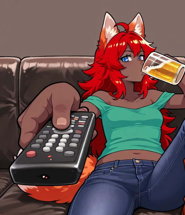 masterpiece, best quality <lora:Zoologist-IL_V1:1> zool0gist, dark skin, fox ears, red hair, long hair, ahoge, blue eyes, fox tail, green shirt, bare shoulders, midriff, navel, jeans, boots,
<lora:ManWatchingTVMeme_illusXLNoobAI_Incrs_v1:1> sitting, holding cup, beer mug, holding remote control, controller, on couch, drinking, looking at viewer, food, leg up,, masterpiece, best quality, solo, 1girl, 2d