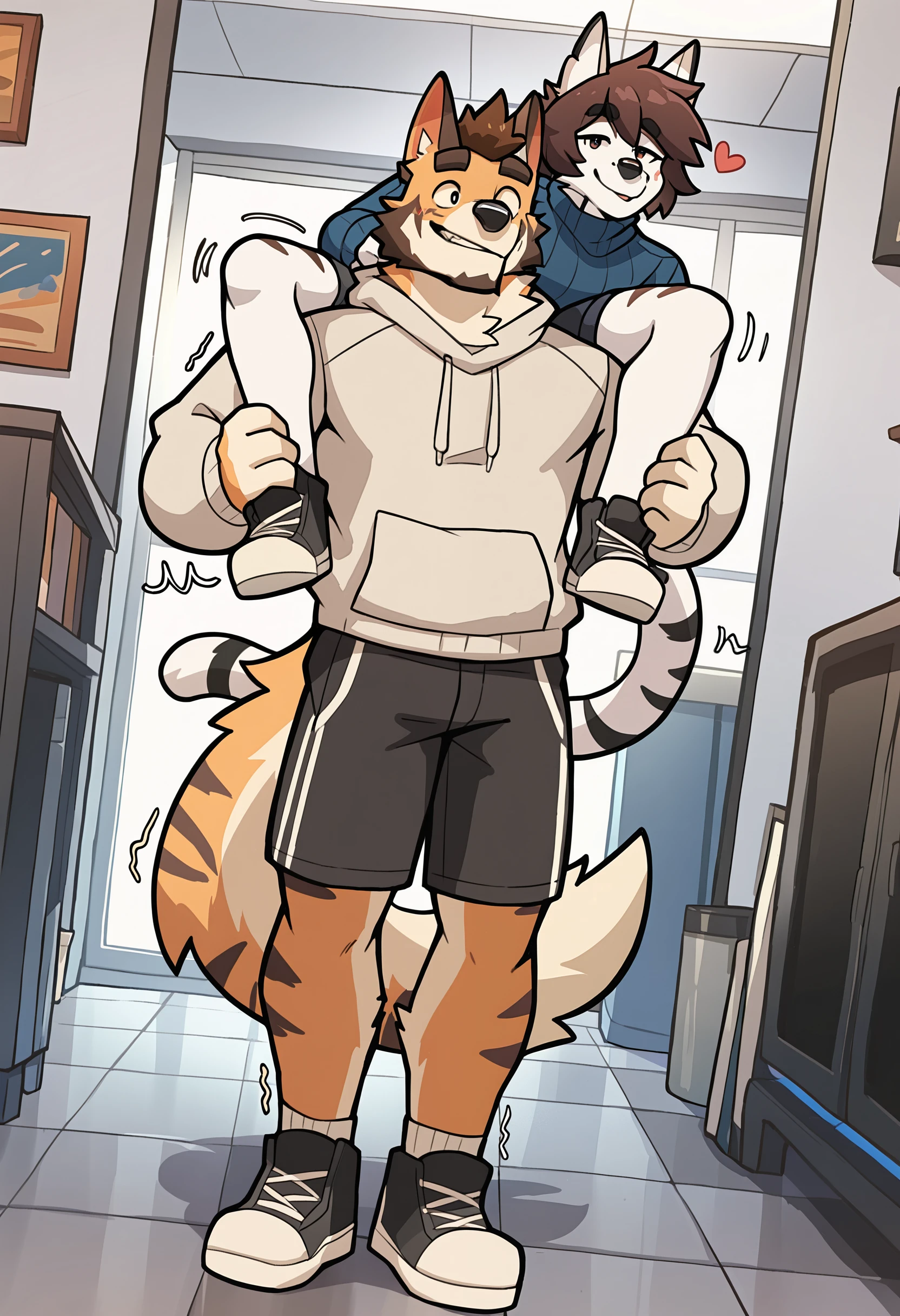 depth of field, detailed background, eye reflections, reflections,   dutch angle, anthro, adult, furry, no humans, tail, sound effect,   flirty expression, seductive glance, sound effect, motion lines,   by gr3yyy, <lora:Greyyy_Artist_Style_Illustrious:1.0>,   masterpiece, best quality, amazing quality, very aesthetic, absurdres, newest,  furry, multiple boys, 2boys, male focus, furry male, tail, animal ears, shorts, short hair, carrying, brown fur, thick eyebrows, shoulder carry, white fur, sweater, full body, brown hair, tiger boy, shoes, two-tone fur, body fur, bara, muscular male, trembling, dog boy