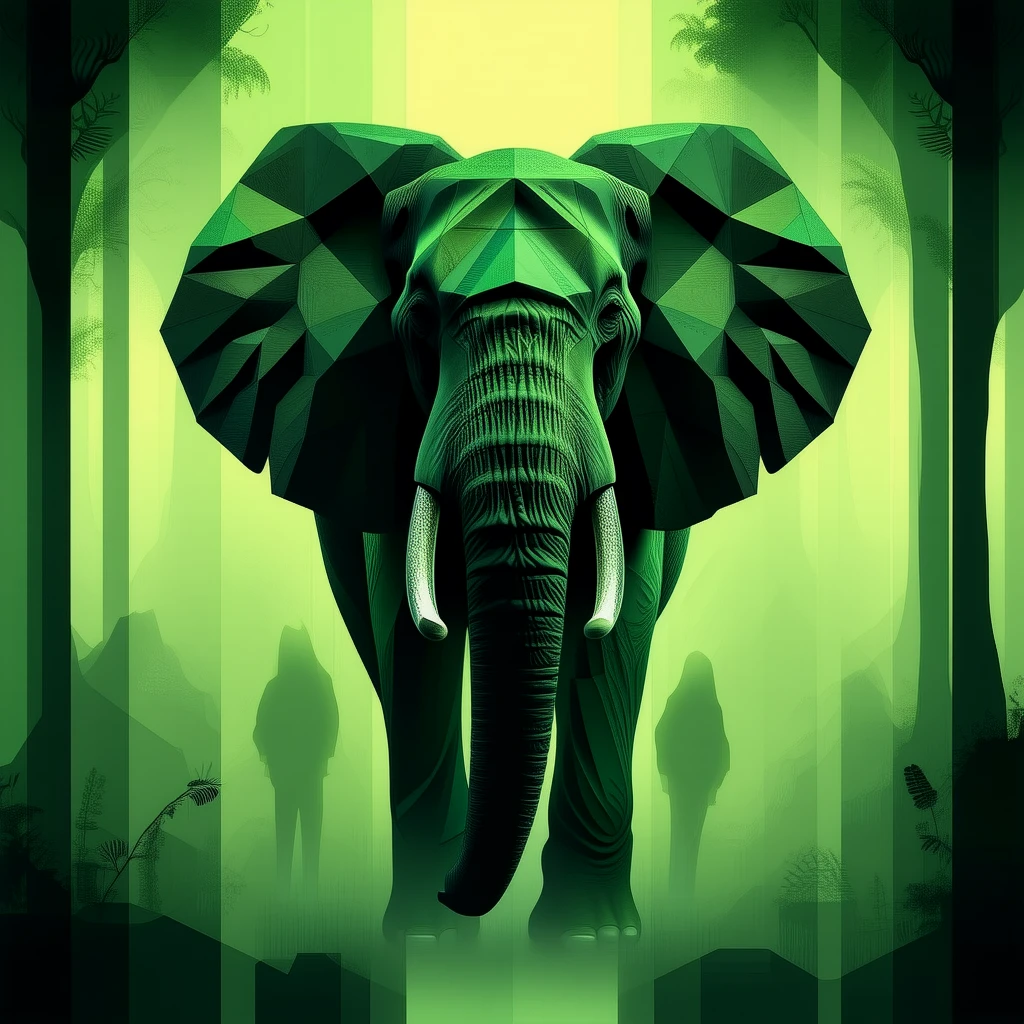 Geometric expressionism, artful depiction of an elephant in the misty jungle.
gmtrcCE_style