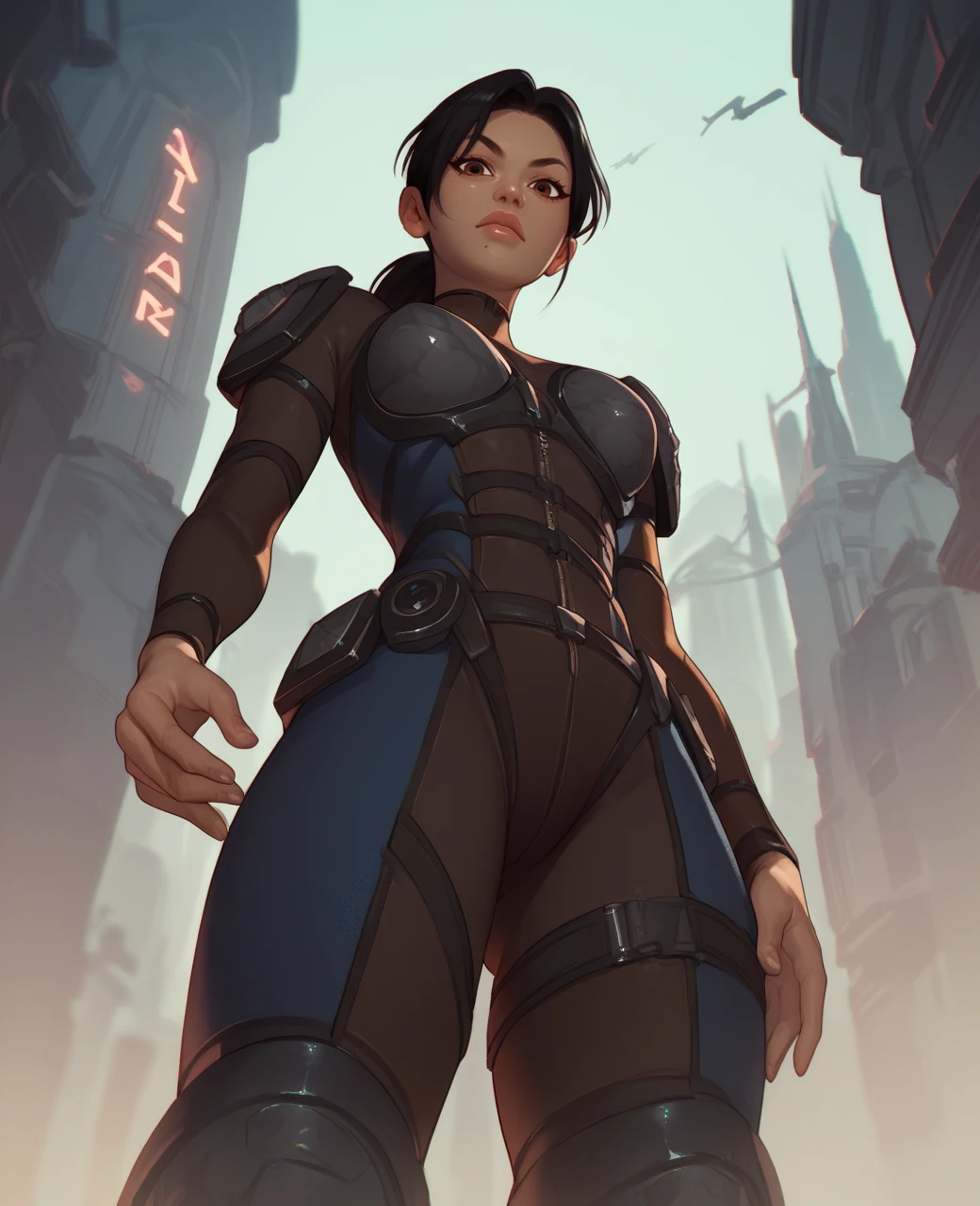 Arani Desai (Doom Patrol), (Masterpiece, Best Quality:1.2), black suit, 1girl, cleavage, dark skinned female, black hair, short pixie hair, indian, looking a viewer, Jewel,