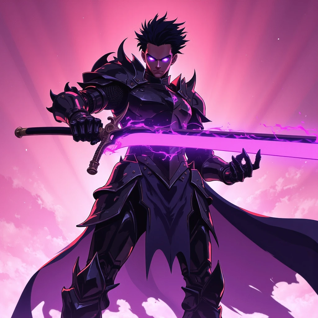 digart Surreal sci-fi digital art style, A digital illustration shoot from a low angle about a powerful and dynamic character wielding a glowing pink sword, set against a pink gradient background. the image also shows a dark knight in a dynamic pose, wielding a large, glowing sword with a purple light emanating from it. the knight, who appears to be in his mid-twenties, has spiky black hair and a fierce expression, and is positioned in the middle of the image, facing the viewer. he is wearing a dark, armored suit with intricate details and a glowing purple aura around his eyes. the armor is detailed with a metallic sheen, and the background is filled with a mix of pink and purple hues, creating a dynamic and intense atmosphere. the character is positioned at the center of the frame, with the sword held firmly in his right hand, and his left hand gripping the handle of the sword. (artstation:1.3)