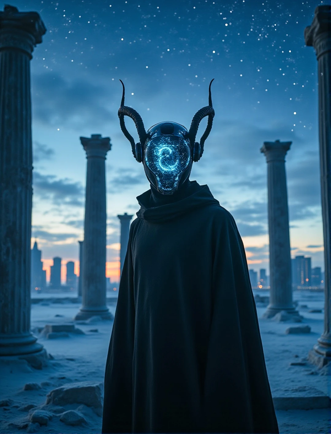 Cinematic, futuristic scene featuring a close-up portrait of a mysterious figure wearing a dark, flowing robe. The figure stands in a serene, dream-like landscape surrounded by massive, ancient pillars, under a vast starry night sky. The figure's helmet is elongated, with a transparent, glowing glass revealing swirling cosmic patterns and electric energy, evoking an otherworldly aura. Two large, symmetrical, twisted horns extend from the helmet, blending advanced technology with alien design. In the distant background, tall buildings and skyscrapers rise softly into a horizon with a gentle, ethereal glow, enhancing the enigmatic atmosphere. Highly detailed, hyper-realistic, soft lighting, HKMagic style