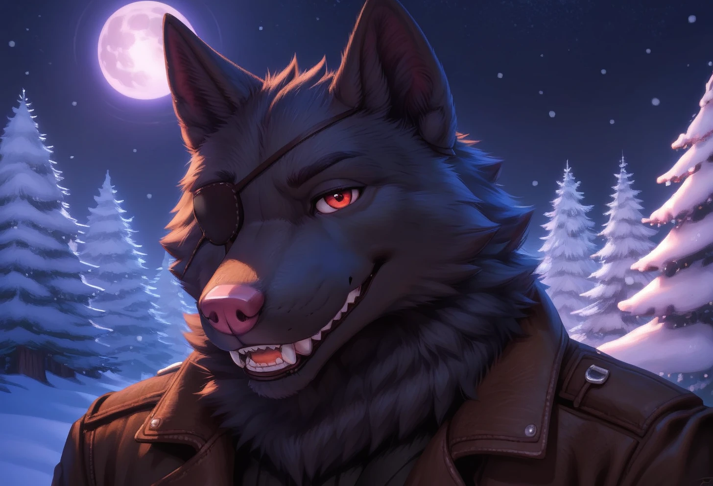 score_9, score_8_up, score_7_up, score_6_up, 1anthro, 1human, male, , furry, detailed fur, anthro, eyes, , perfect face, detailed eyes, perfect eyes, sexy, sexy boy, beautiful eyes, perfect cute face, face focus, low angle, close up, looking at viewer, face focus, outdoors, detailed lighting, detailed background,
smug expression, eye focus, smug, pleased, cocky, cocky expression, seductive pose, outdoors, dark, night, night time, spooky, full moon, snow, snowy mountains, mountains, posing, seductive pose, posing for viewer, seductive, upper body, portrait,
detailed eyes, perfect eyes, beautiful eyes, , bedroom eyes, detailed eyes, perfect eyes, beautiful eyes, , detailed fur, tail, eyes, realistic fur, , solo, 1 boy, young, (((handsome, detailed face and eyes))), solo, anthro, male, muscular, well built, toned, bara, Alon, wolf, black body, black fur, anthro, red eyes, furry male, eye patch, wearing black trench coat, brown leather belt, pink nose, pink pads, wolf tail, eye patch over right eye, black claws, jacket closed, right eye covered, <lora:Alon_E_Wolf_-_Shelter_VN:0.45>
interspecies, tail, uncensored,
<lora:princess_xl_v1:1> <lora:Expressive_H:0.65> <lora:g0th1cPXL:0.45> <lora:incase-ilff-v3-4:0.3>, canine mouth, sharp teeth, detailed teeth, detailed canine teeth,
<lora:CleanDetailed_Eyes:0.25> <lora:Better_caninefeline_mouth:0.3>