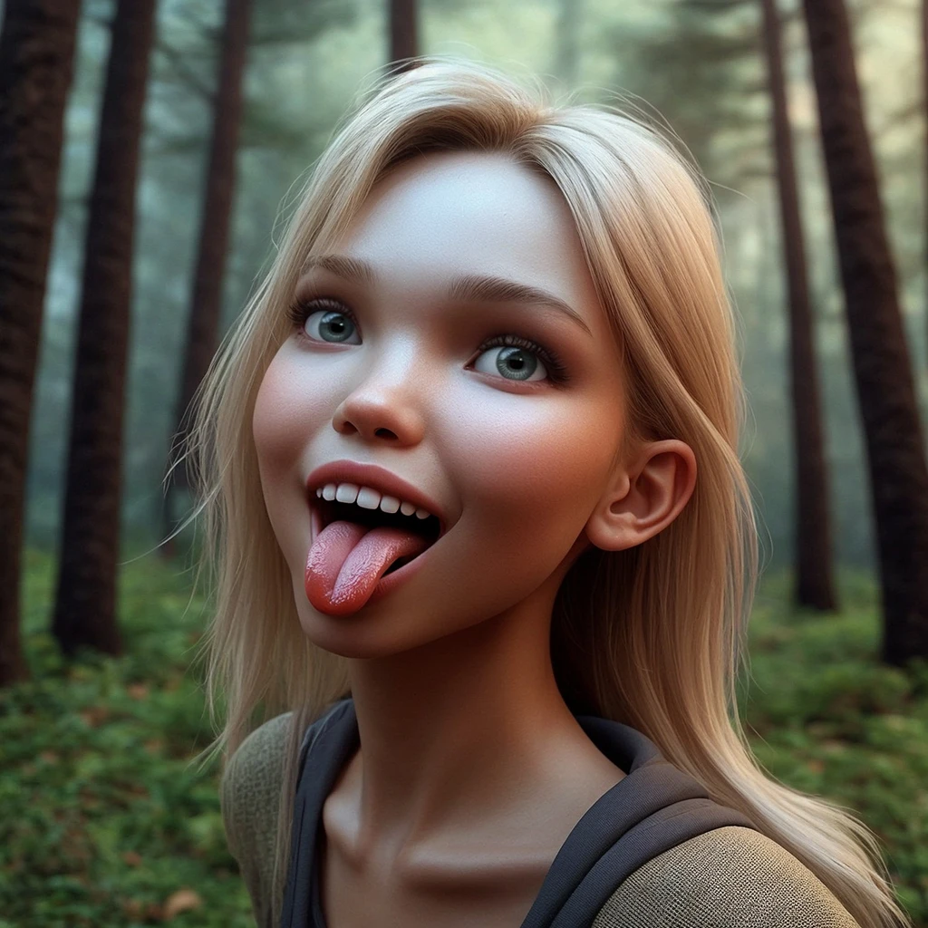 3d render of a girl sasha luss showing tongue, outdoors natural background with forest, playful face expression