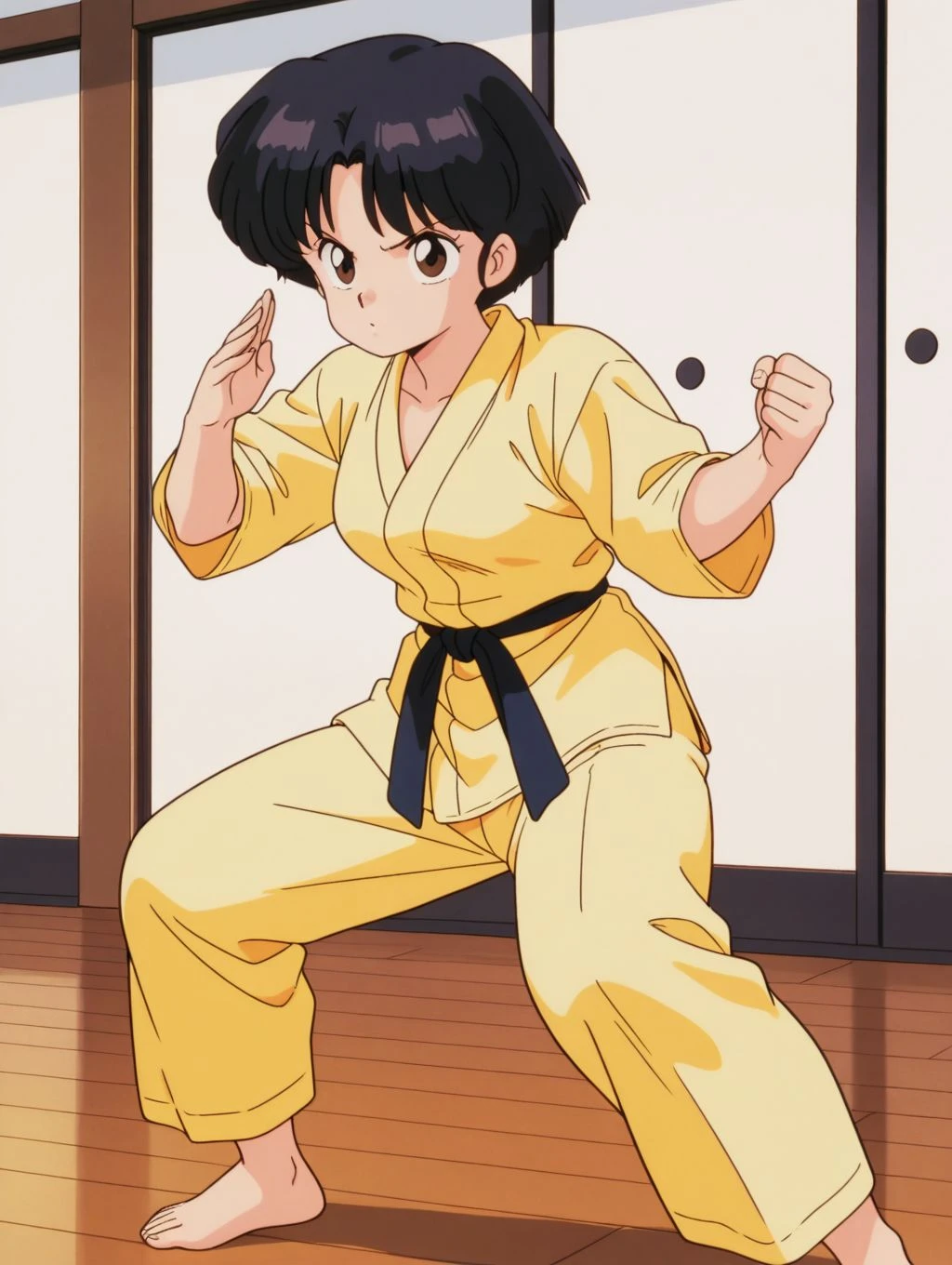 masterpiece, best quality, newest, absurdres, highres, detailed eyes, beautiful, detailed background, perfect eyes, anime coloring, masterpiece, best quality, newest, absurdres, highres, detailed eyes, beautiful, detailed background, perfect eyes, anime coloring, retro artstyle, 1990s \(style\), 1girl, solo, tendou akane, black hair, short hair, brown eyes, medium breasts, dougi, yellow jacket, long sleeves, martial arts belt, yellow pants, barefeet, fighting stance, (indoors, dojo, wooden floor), <lora:4k4n3_rnm-08:0.8>
