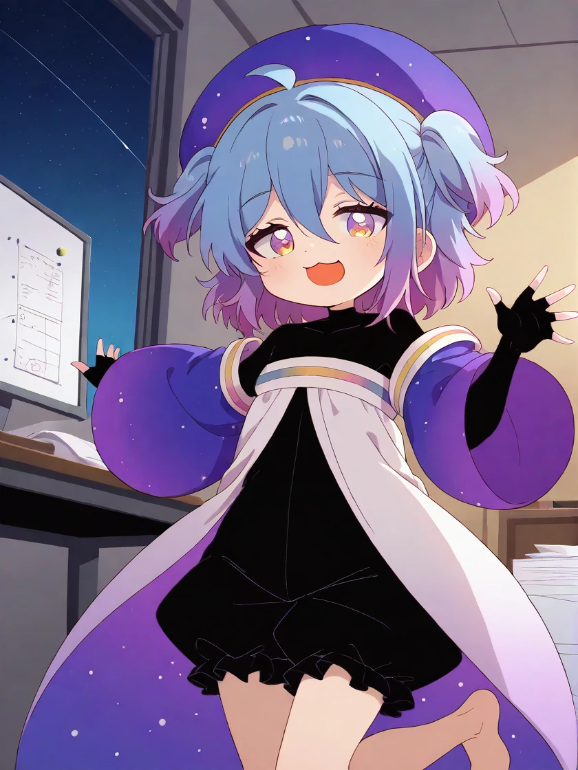 score_9, score_8_up, score_7_up,source_anime, high res image, (masterpiece, best quality:1.4), clear skin,
(shiny skin, glistening skin, shiny body, shiny face:0.6), <lora:Expressive_H:1>, expressiveh, <lora:add-detail-xl:1>,
1girl, solo,
<lora:coco_euphorianic_illustrious-10:1>,
coco (euphorianic), looking at viewer, :d, (cute face:1.2),
:3,
flat chest,
barefoot, bare legs,
headwear, purple headwear, blue headwear, purple headwear, hat, large hat, beret,
purple eyes, orange eyes, yellow eyes, multicolored eyes, bright pupils,
blue hair, purple hair, multicolored hair, two-tone hair, gradient hair, short hair, two side up, short twintails, medium hair,
ahoge, hair between eyes, bangs,
coco (euphorianic) (default),
black sweater, sweater, bodysuit, black bodysuit, covered collarbone, shirt, black shirt,
robe, open robe, white robe, purple robe, multicolored robe, turtleneck, multicolored clothes, open clothes, two-sided fabric, jacket, multicolored jacket, white jacket, purple jacket,
wide sleeves, puffy sleeves, sleeves past wrists, off shoulder, starry sky print, puffy long sleeves, detached sleeves,
gloves, fingerless gloves, black gloves, elbow gloves,
bloomers, baggy bloomers, black bloomers, shorts, baggy shorts, black shorts,
monitor, starry sky, desktop, table, white walls, falling star, computer, whiteboard, indoors, laboratory, microscope, sheets of paper, observatory dome, standing, dynamic pose