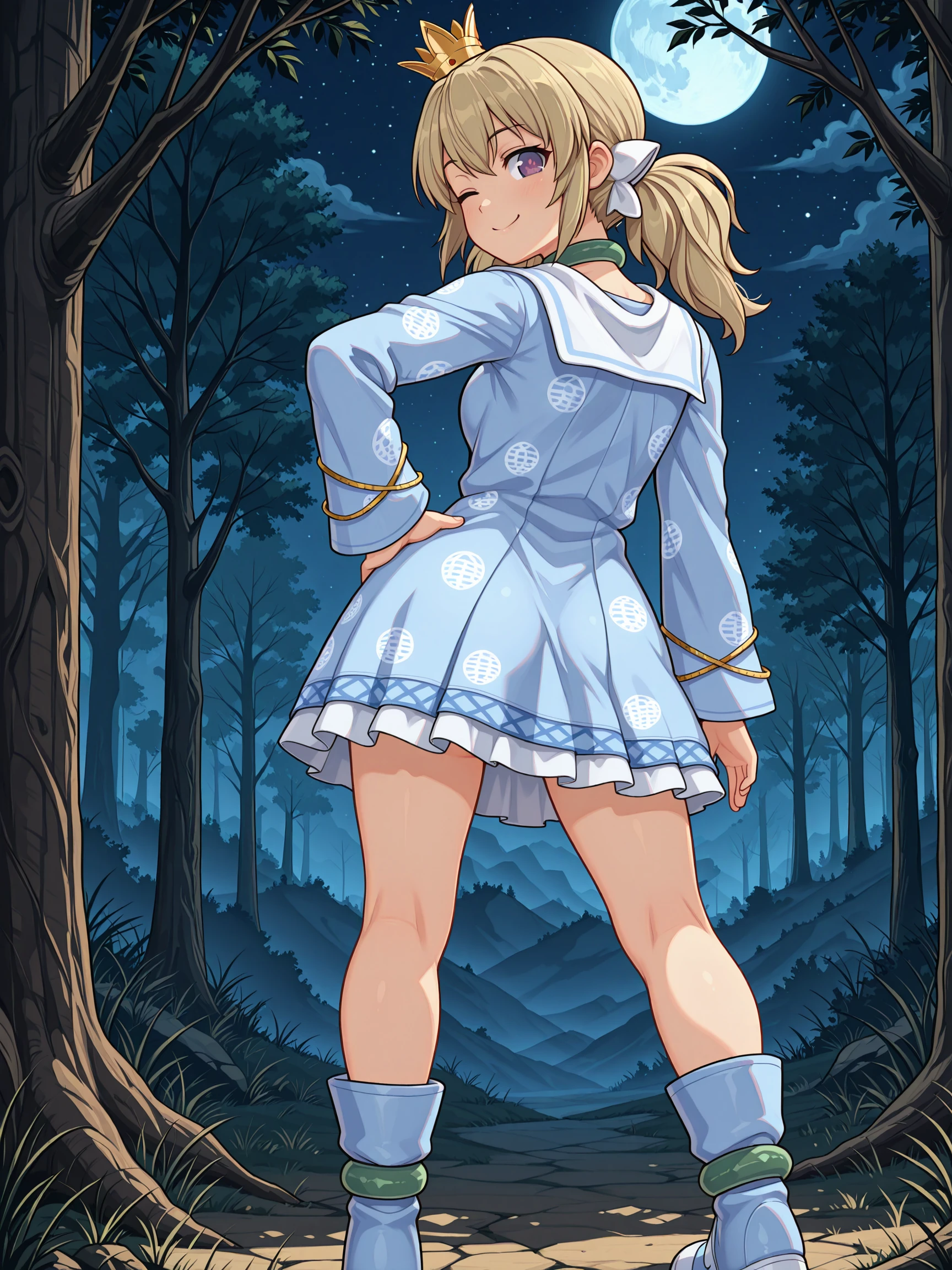 masterpiece, best quality, amazing quality, anime screenshot, high contrast, frostbite
(solo:1.4), Kafuru_IL, purple eyes, blonde hair, twintails, mini crown, Kafuru_Shinobi, white bows, green choker, blue dress, print dress, long sleeves, gold lacing, blue and white boots, green leg bangles
(from behind,:1.2) looking back, one eye closed, hand on hip, smile, night, moon light
<lora:SK_Kafuru_IL:1>
<lora:frostbitev2_Illu_dwnsty:0.7>