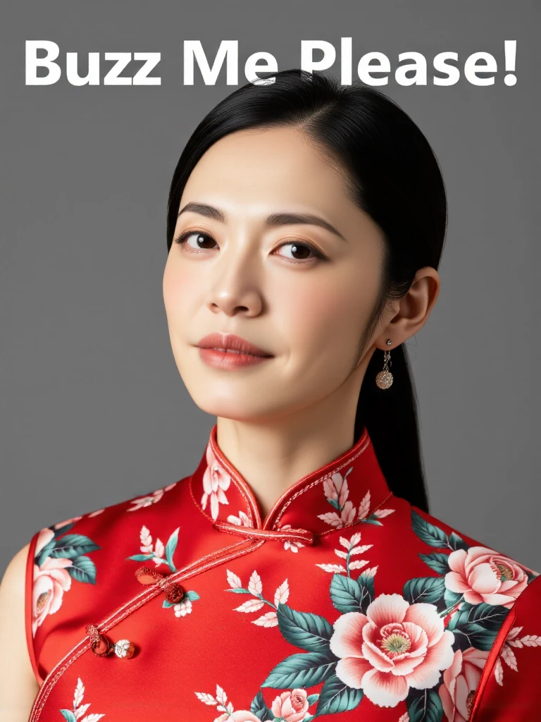 (text "Buzz Me Please" in sky:1.6),There are wonderful studio lights and various reflections,
chinese girl her face is very delicate,skin naturally showing the texture of blood vessels and detailed pale skin,
<lora:cheongsam_f1_rank4_bf16:1>,she wearing red cheongsam with floral print,<lora:flux_realism_lora:0.8>,<lora:yaochen_f1_epoch_9:1>,