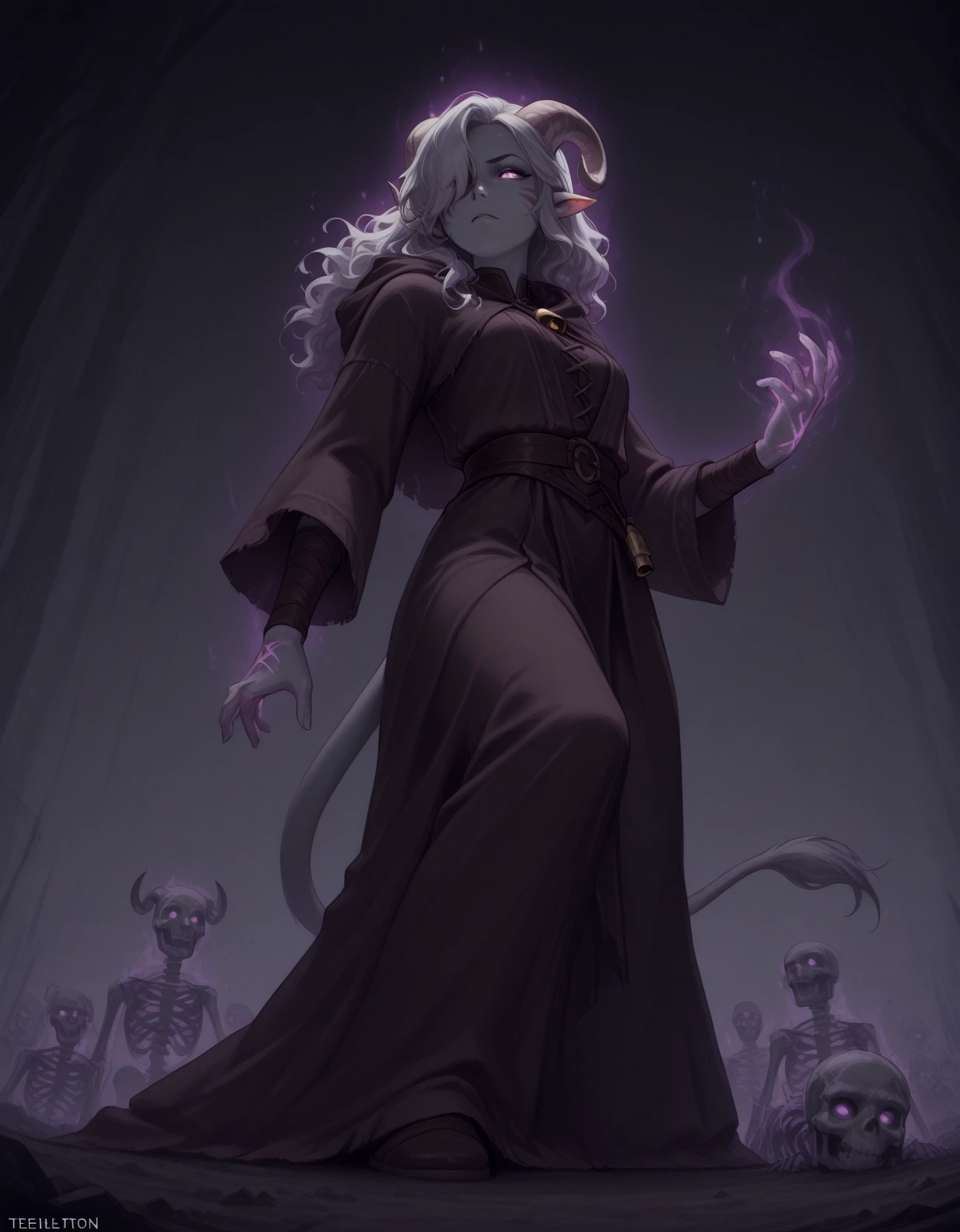 masterpiece, best quality, <lora:Aanimate_Dead-magic_-ILXL:0.8> animate_dead:1.5, aura on skull:1.4, laying, tiefling, tail, pointy ears, tiefling, silver hair, ivory sheep horn, from below,
<lora:whisker_markings:0.8>red whisker_markings:1.7, silver long wavy hair, bell necklace, short pointy ears, purple eyes, purple eyes, tiefling_bard_diana:1.2, hair over one eye, braid, <lora:Tiefling_bard_Diana_ILXL:0.7> full body, cloak,
(big tail, cow tail):1.4, skeleton, from below, glowing eyes, dynamic pose, casting spell, looking at viwer, fighting stance, zombie, sekelton
