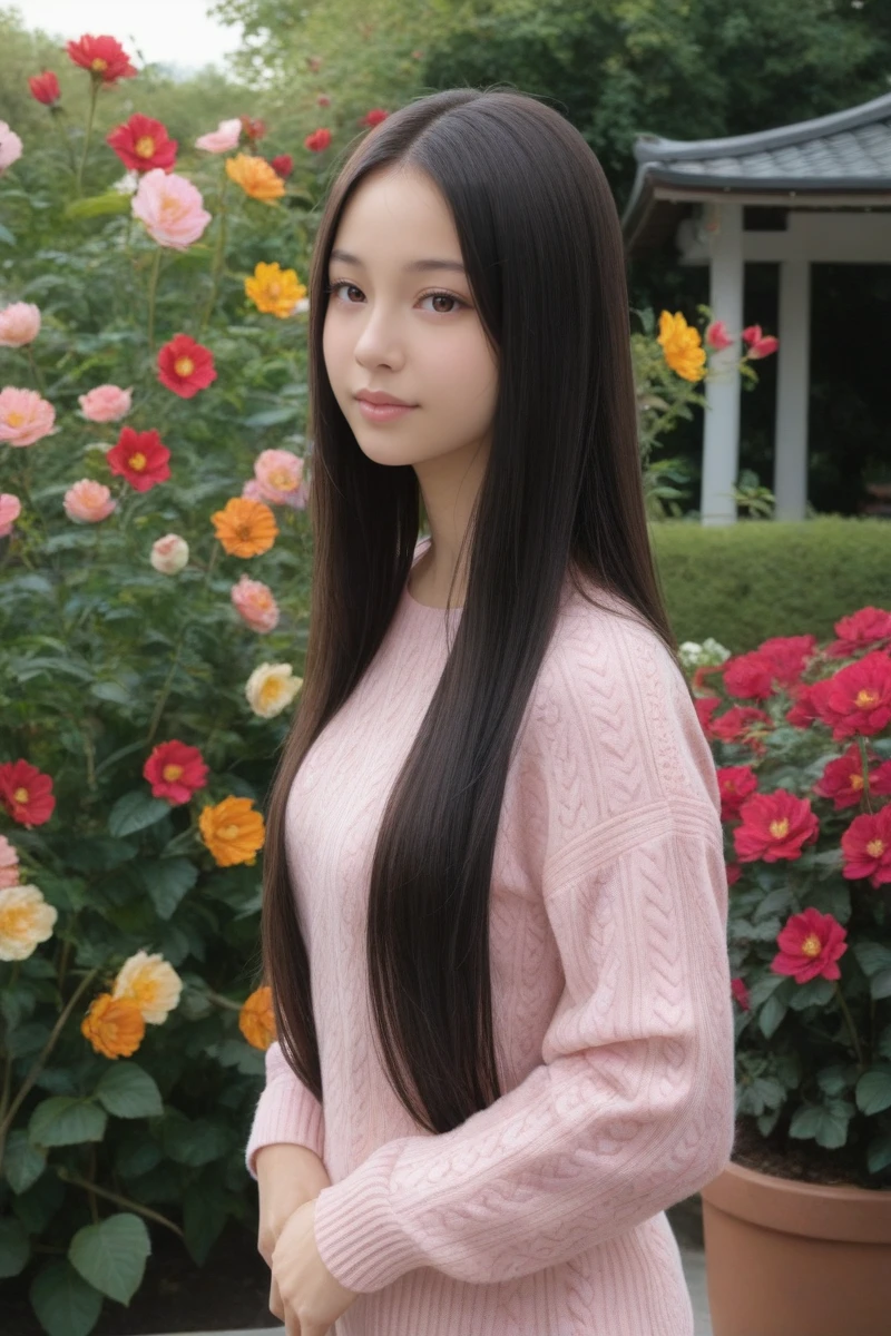 masterpiece, 20 years old, 8k, hd, beautiful girl, black hair, very long hair, straight hair,
1girl, detailed face, beautiful woman's face, japanese, sweater, garden, full of flowers, looking at viewer, upper body, half body,realistic,