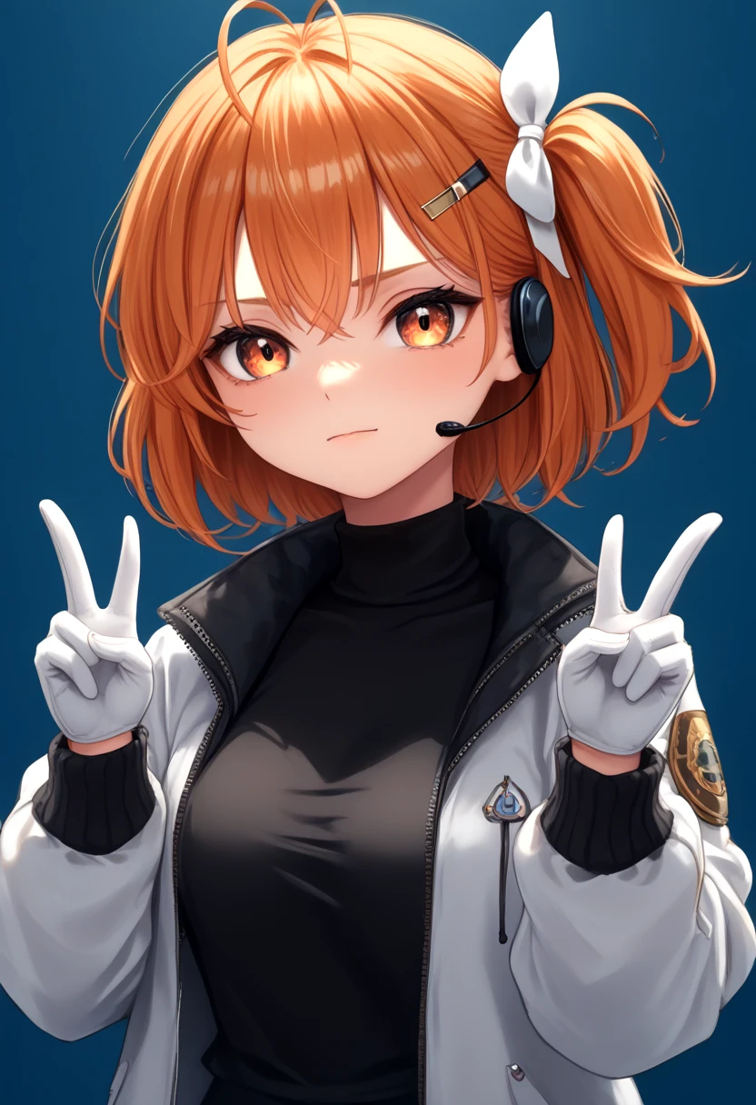 score_9,score_8_up,score_7_up,score_6_up,score_5_up,score_4_up,source_anime,<lora:adachi_rei_ai_voice_pony:1>,adachi_rei_ai_voice_pony,<lora:addetailv3_by_n0utis_pony:0.8>,1girl,black shirt,blue background,closed mouth,double v,gloves,hair ornament,hair ribbon,hairclip,hands up,headlamp,headset,jacket,looking at viewer,medium hair,one side up,open clothes,open jacket,orange eyes,orange hair,portrait,radio antenna,ribbon,shirt,solo,straight-on,turtleneck,v,white gloves,white jacket,white ribbon,