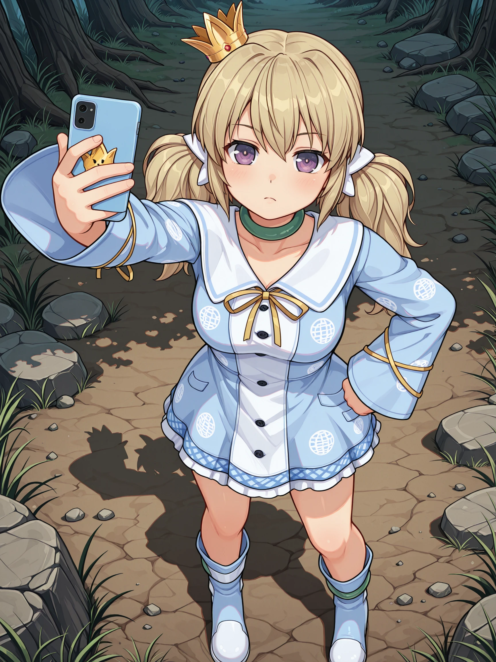 masterpiece, best quality, amazing quality, anime screenshot, high contrast, frostbite
(solo:1.4), Kafuru_IL, purple eyes, blonde hair, twintails, mini crown, Kafuru_Shinobi, white bows, green choker, blue dress, print dress, long sleeves, gold lacing, gold ribbon, blue and white boots, green leg bangles
from above, selfie, rocks, stones, boulders
<lora:SK_Kafuru_IL:1>
<lora:frostbitev2_Illu_dwnsty:0.7>
