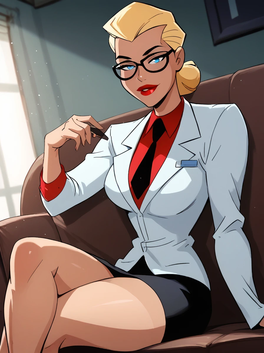 <lora:Harley_Quinn_-_Batman_Animated_Pony_v2:0.9>,  h4rl3yqu1nn,  <lora:dcau-330:0.1>, <lora:PONYXL_LewisArt_ownwaifu:0.7>, 1girl, red shirt, black skirt, black necktie, glasses, red lips, blonde hair, hair bun, white jacket, blue eyes, large breasts, looking at viewer, reclining, sofa, doctor's office, sexy legs, seductive, dramatic lighting, spotlight, dutch angle, score_9, score_8_up, score_7_up, score_6_up, score_5_up, score_4_up,