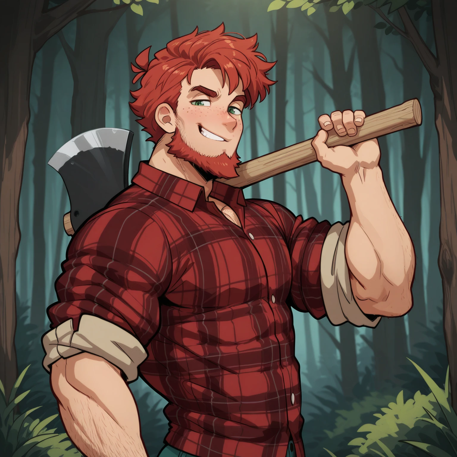 masterpiece, best quality, amazing quality, very aesthetic, absurdres, newest, (male:1.4), bara, upper body, lumberjack, red hair, beard, axe, flannel, rolled up sleeves, woods, confident, smirk, looking at viewer, green eyes, freckles, muscular, side view