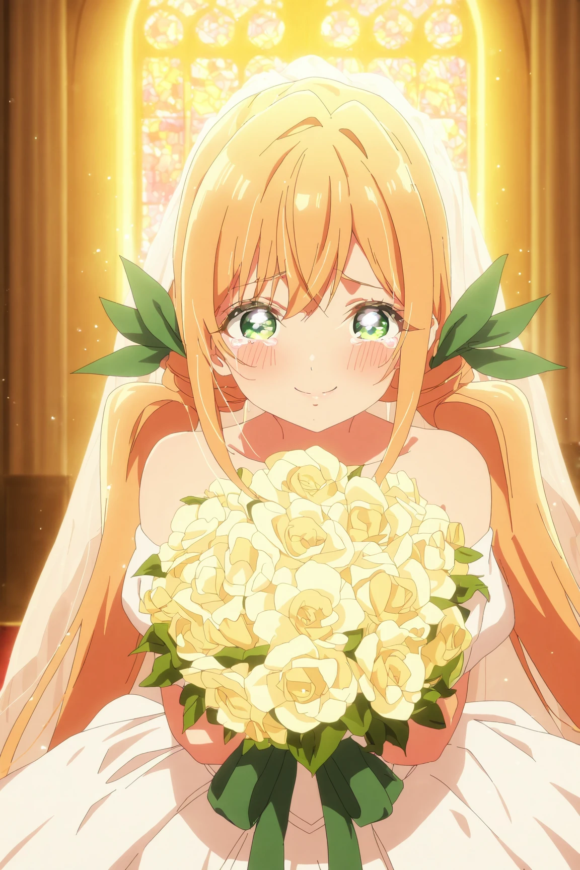 masterpiece, best quality, absurdres, highres, cinematic light, 1girl, <lora:karane_and_hakari:1> karane_wz, blonde hair, twintails, long hair, hair ribbon, hair ornament, green eyes, green ribbon, indoors, church, stained glass, holding bouquet, flower, smile, tears, happy tears, wedding dress, bridal veil, looking at viewer, <lora:anime_screencap-Illustrious_1064755:1> anime screencap, anime coloring