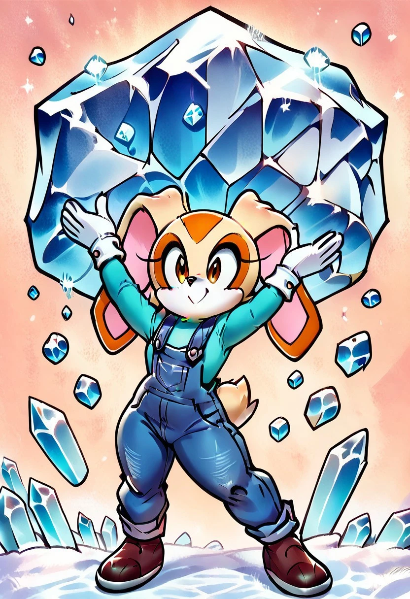 score_9, score_8_up, score_7_up , dinamic pose, ice bend, ice, dynamic pose, masterpiece, beautiful,cute , cute,
man lifting block of ice,holding giant block of ice, arms flexed, giant block of ice,
Cream the rabbit, 1girl, solo, anthro, furry, female, furry female,animal nose,
,wide hips, ice cubes on ice,
,cartoon-style,blue hat,blue long-sleeved shirt, red overalls, moustache, brown shoes, white gloves, yellow buttons,snowy background,