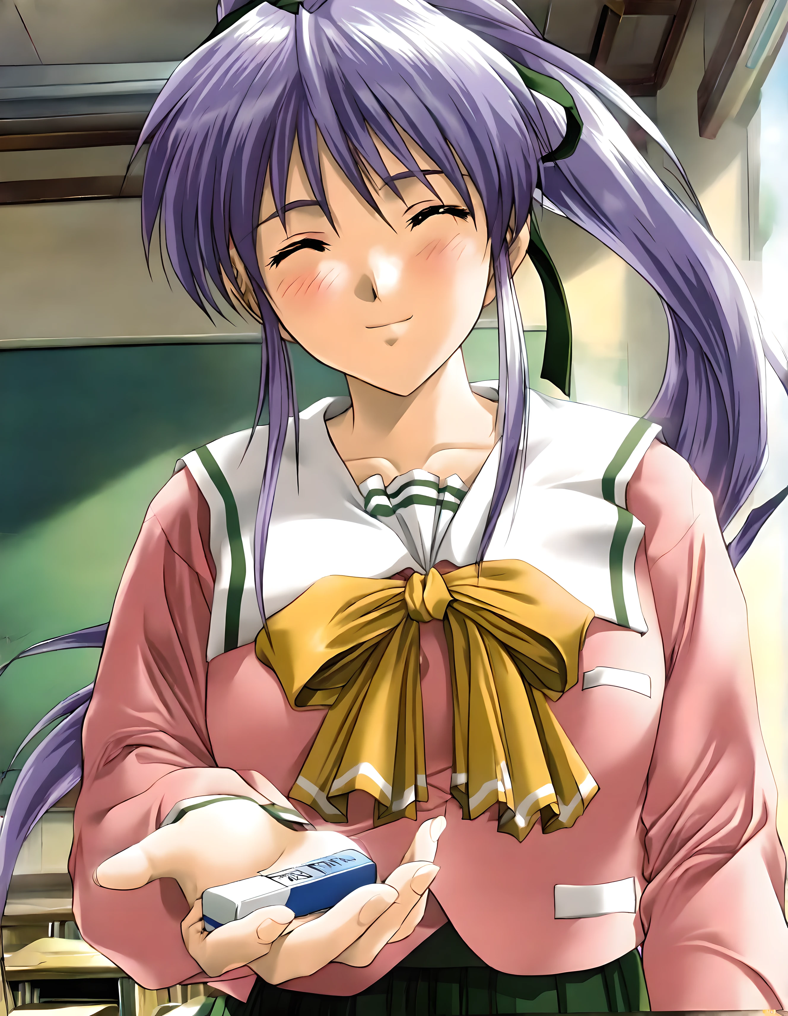 <lora:illustrious_XL_takabe_v2:0.8>,takabe,masterpiece,best quality,good quality,1girl,solo,school uniform,pink serafuku,green skirt,eraser on the palm,give the viewer an eraser,reaching,day,classroom,upper_body,looking_at_viewer,from slightly below,smile,kind_smile,closed eyes,light_blush,