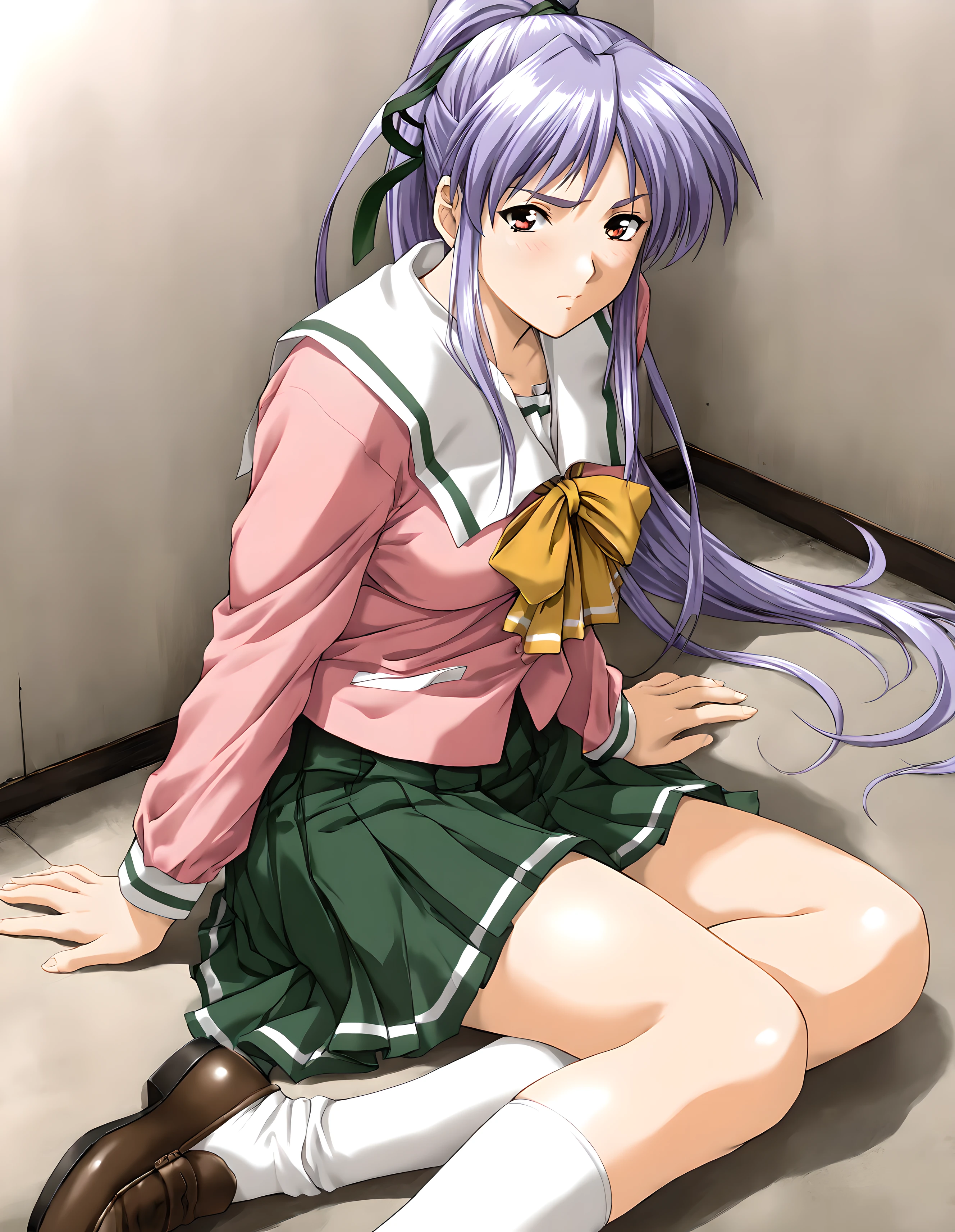 <lora:illustrious_XL_takabe_v2:0.8>,takabe,masterpiece,best quality,good quality,1girl,solo,school uniform,pink serafuku,green skirt,white socks,loafers,arm_support,yokozuwari,(glaring:0.5),from_side,looking_at_viewer,