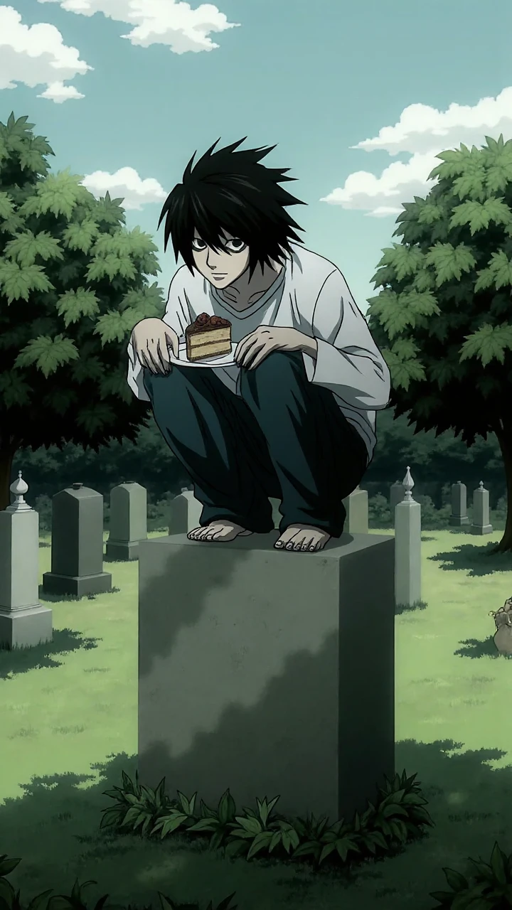 L!, L from DeathNote, full body portrait of L crouching on top of a grave stone in a cemetary, he is in a squatting posistion and holding a plate with a slice of cake on it